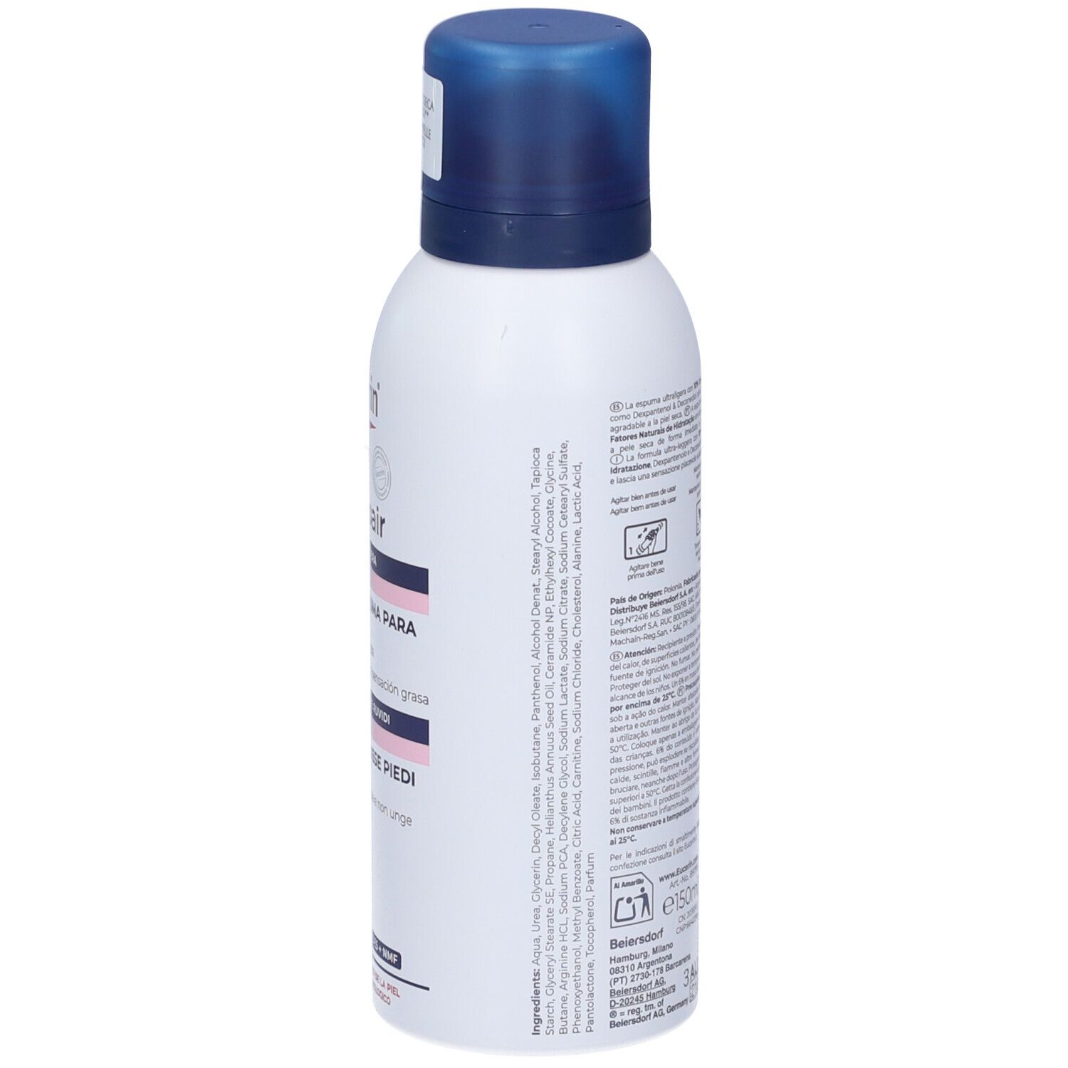 Flacone bianco con tappo blu. Retro con testo. Nome prodotto: Eucerin UreaRepair.