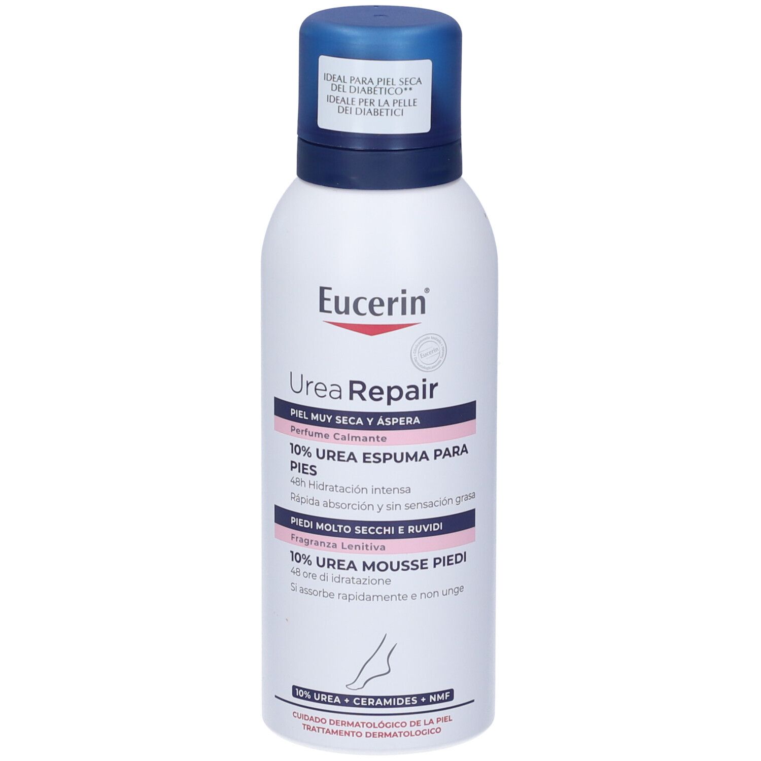 Flacone bianco con tappo blu. Scritta: Eucerin UreaRepair, 10% Urea Espuma para Pies, per pelli molto secche.