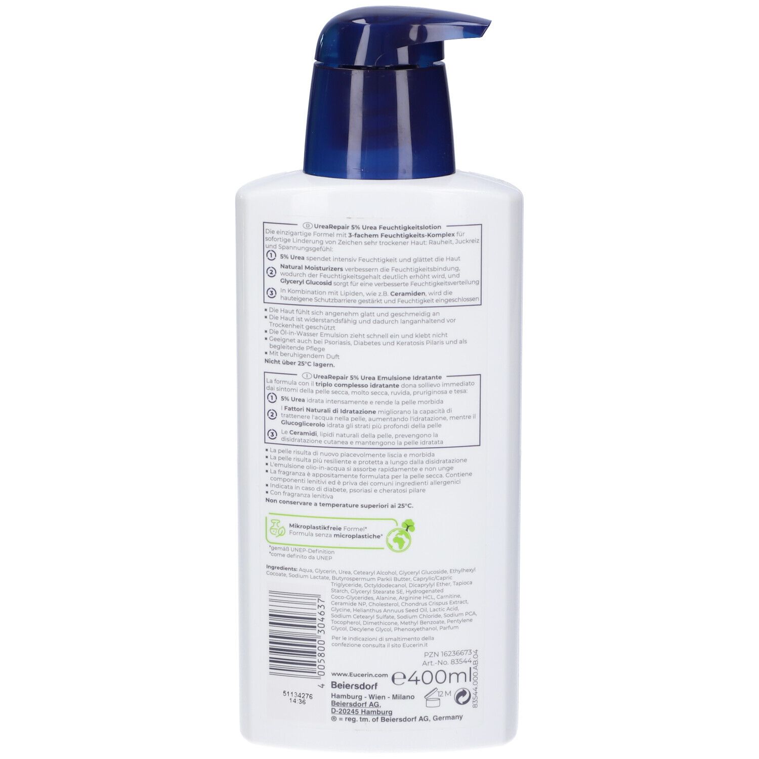 Retro del flacone Eucerin UreaRepair. Testo e ingredienti.
