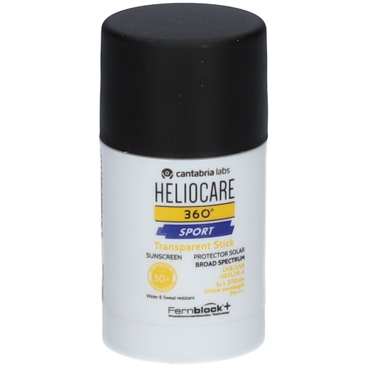Heliocare 360° Sport Transparent Stick. Contenitore cilindrico con tappo nero. Scritte gialle e blu.