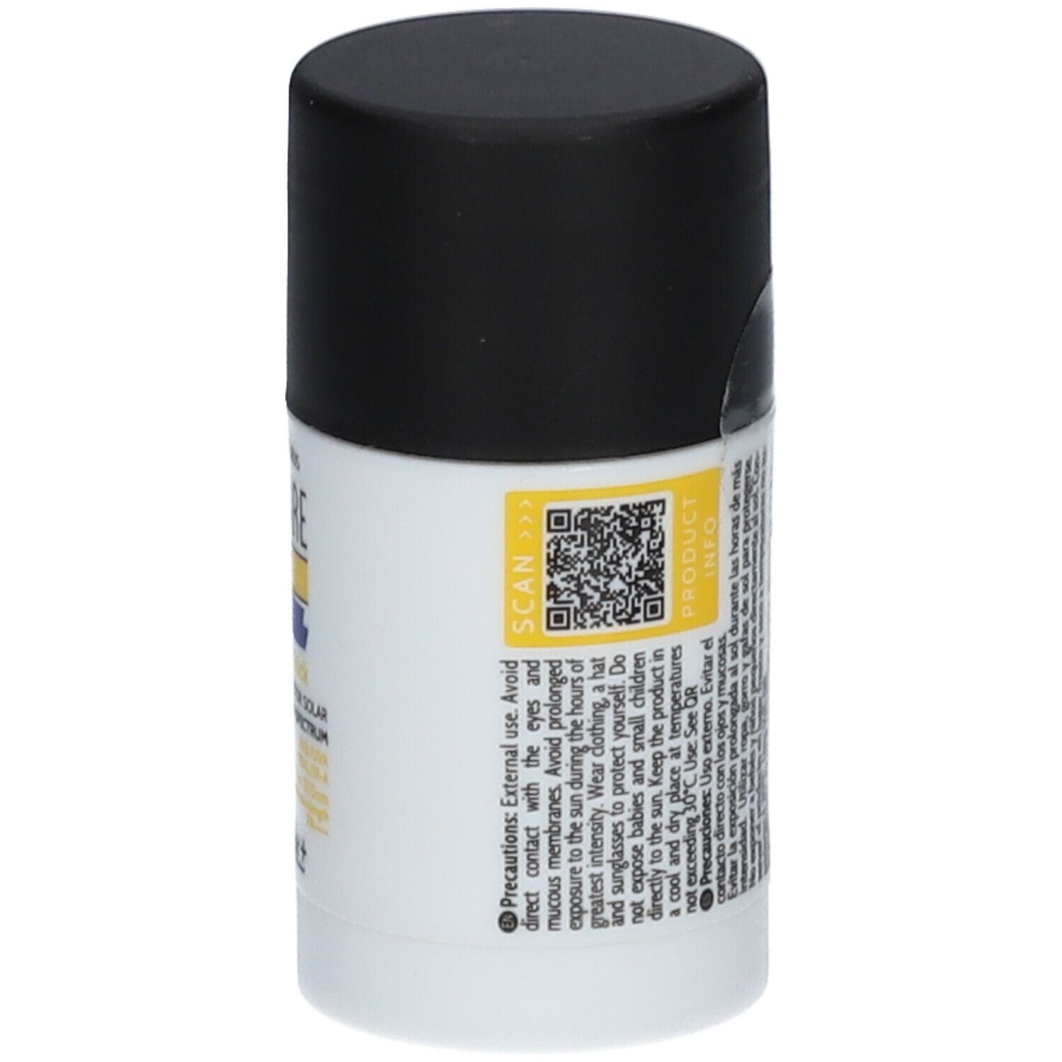 Heliocare 360° Sport Transparent Stick. Contenitore cilindrico con tappo nero. Retro con testo e codice QR.