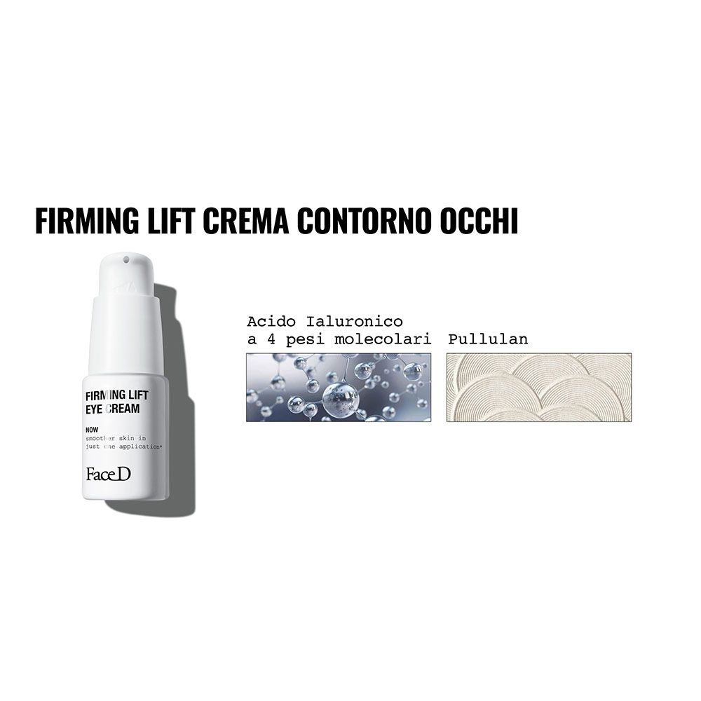 Immagine del prodotto con testo: Firming Lift Crema Contorno Occhi. Illustrazione degli ingredienti.