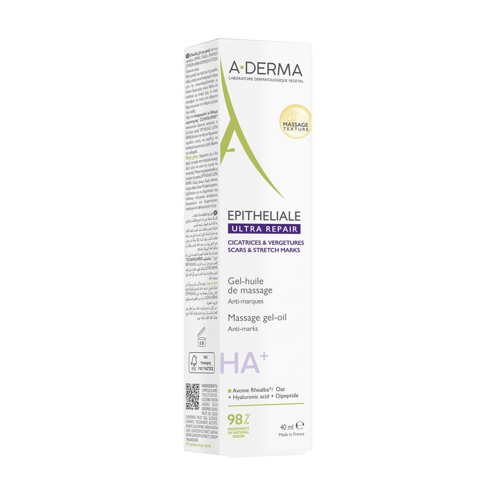 A-DERMA Epitheliale Ultra Repair. Gel-huile de massage. Anti-marques. Confezione. 40 ml. Ingredienti, istruzioni per l'uso.