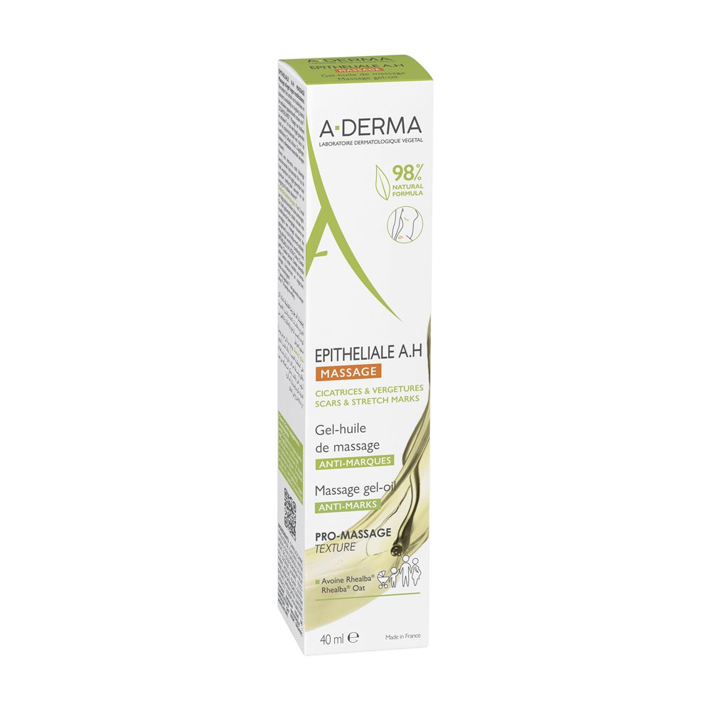 A-DERMA Epitheliale A.H. Massage. Gel-huile de massage. Anti-marques. Confezione. 40 ml. Formula naturale, 98%.