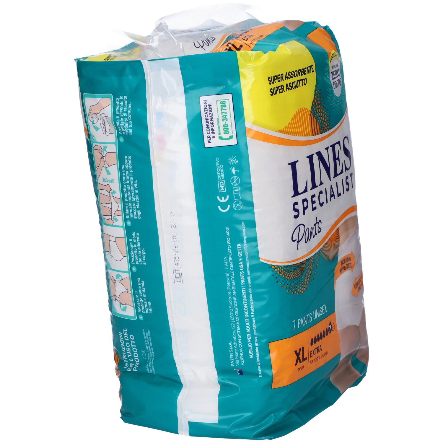 Confezione di Pants Unisex XL. Retro con informazioni sul prodotto e istruzioni per l'uso. Marca: Lines Specialist Pants.