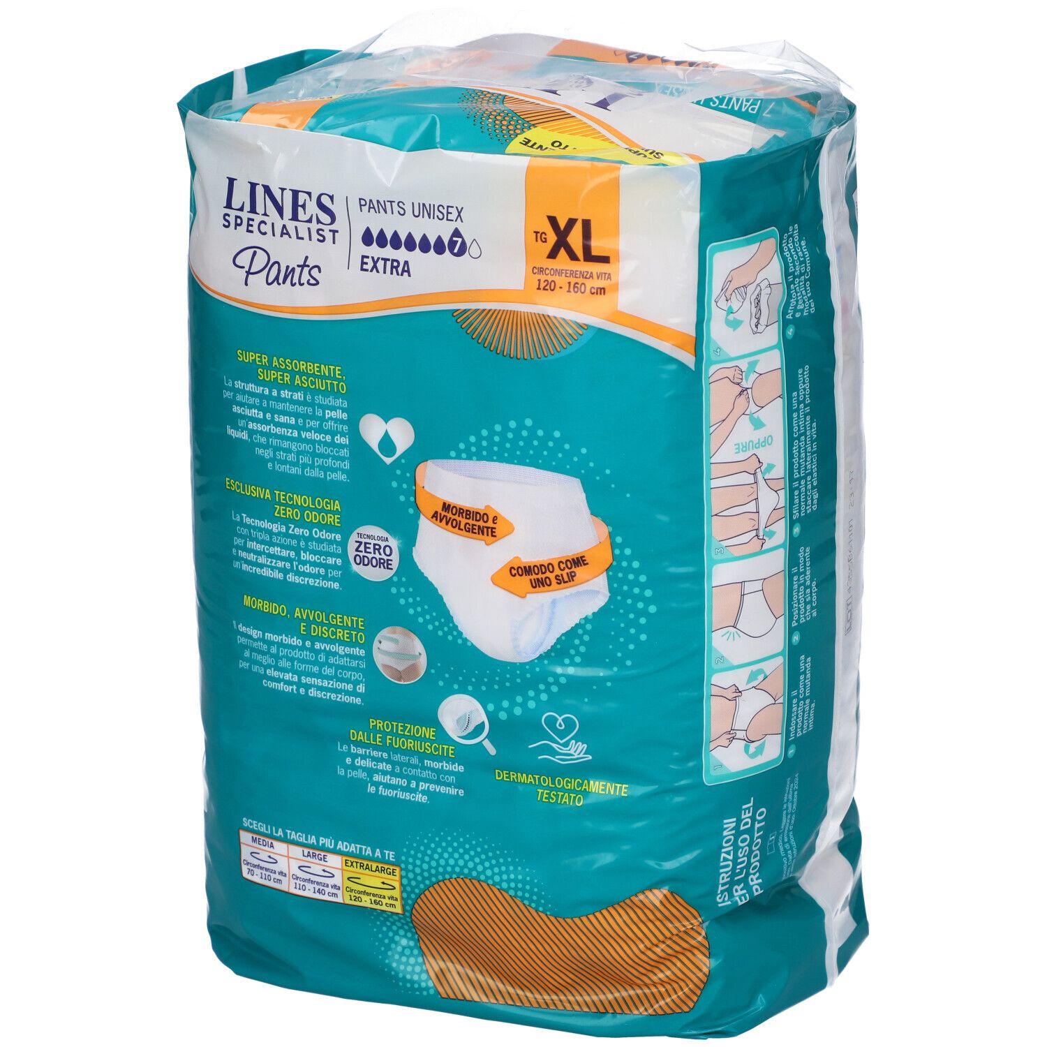 Confezione di Pants Unisex XL. Scritta: Lines Specialist Pants, 7 pezzi, Extra. Super assorbente, Zero Odore. Illustrazioni.