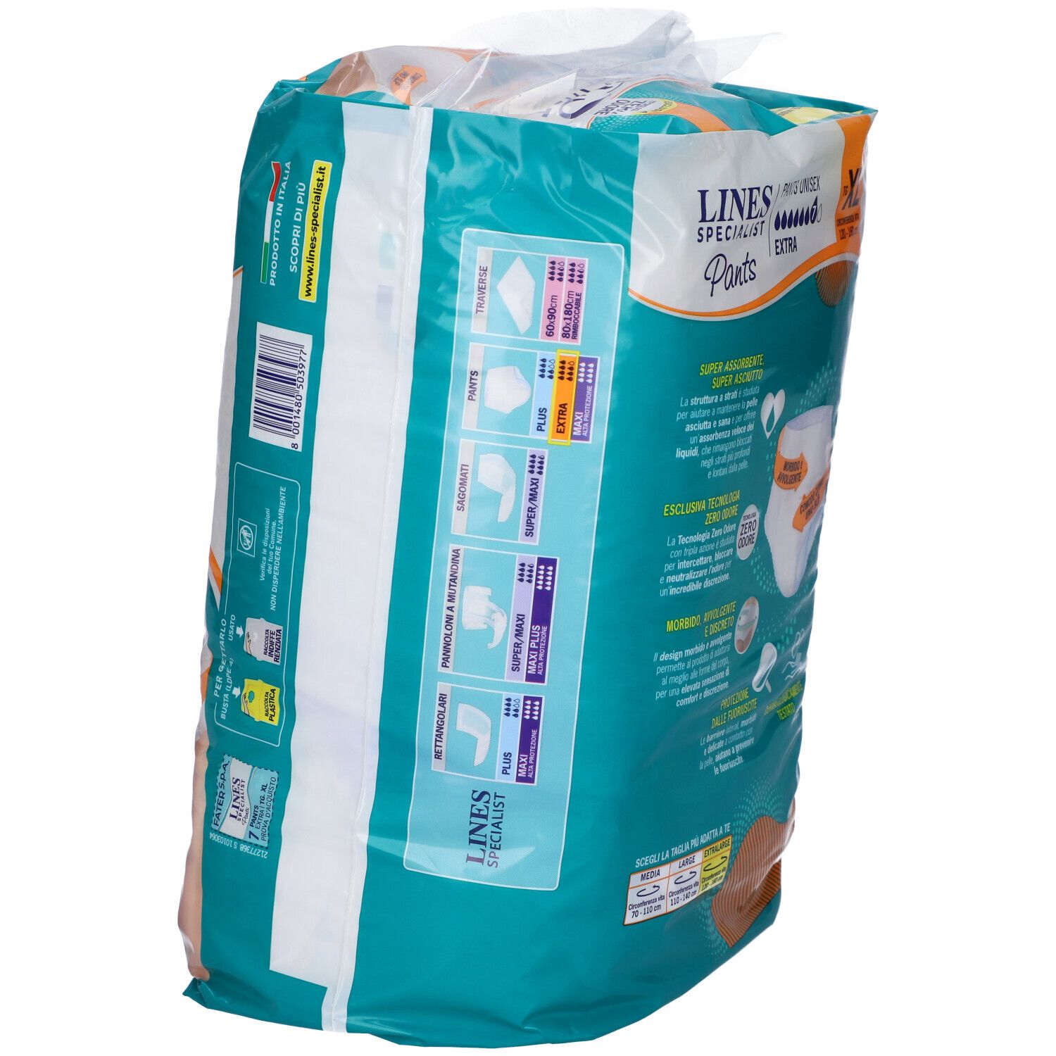 Confezione di Pants Unisex XL. Retro con informazioni sul prodotto e indicazioni taglia. Marca: Lines Specialist Pants.