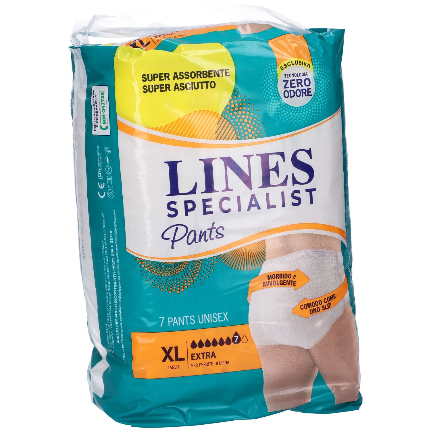 Confezione di Pants Unisex XL. Scritta: Lines Specialist Pants, 7 pezzi, Extra. Super assorbente, Zero Odore. Marchio CE.