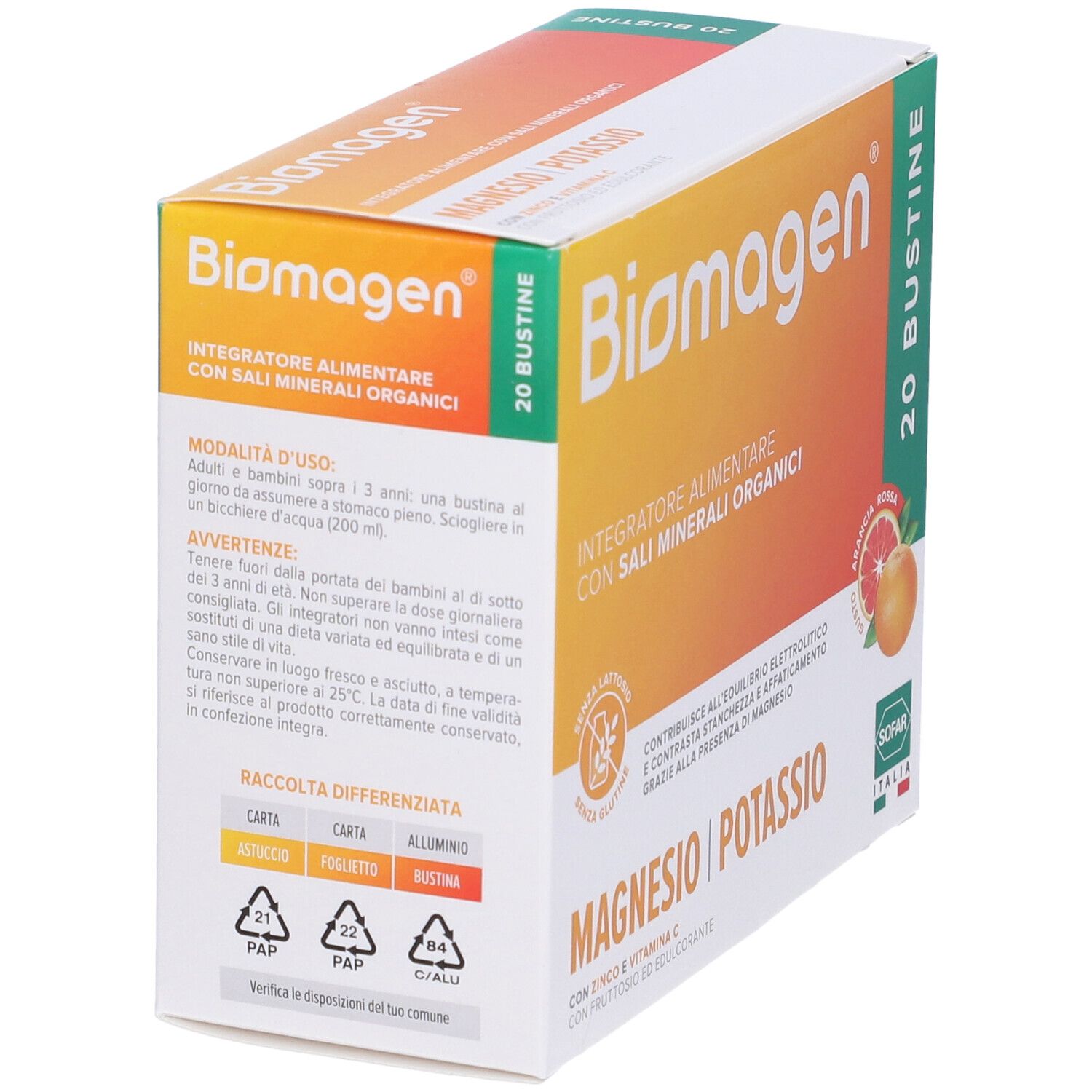 Confezione di Biomagen in prospettiva. Scritta: Magnesio | Potassio, 20 Bustine. Con simboli di riciclaggio e istruzioni.