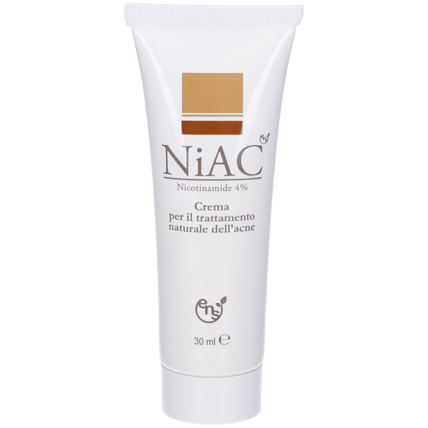 Tubo di crema bianco con scritta NiAC, Nicotinamide 4%, Crema per il trattamento naturale dell'acne. 30 ml.