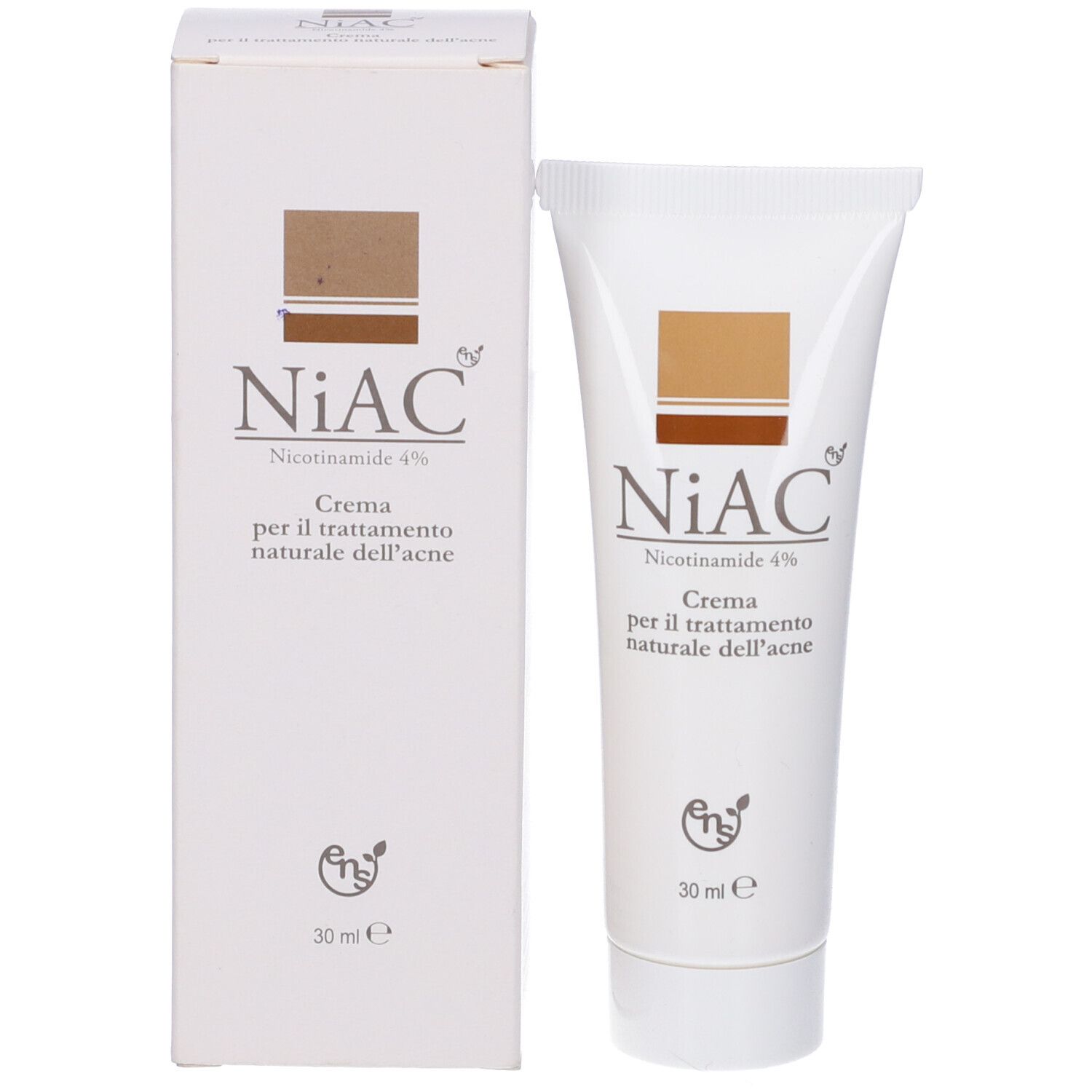 Tubo e scatola di crema. Scritta: NiAC, Nicotinamide 4%, Crema per il trattamento naturale dell'acne. 30 ml.