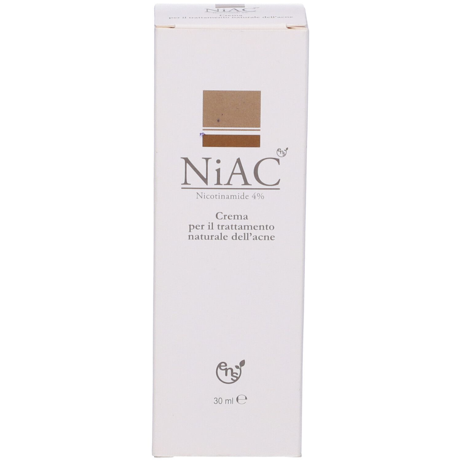 Scatola con scritta NiAC, Nicotinamide 4%, Crema per il trattamento naturale dell'acne. 30 ml.
