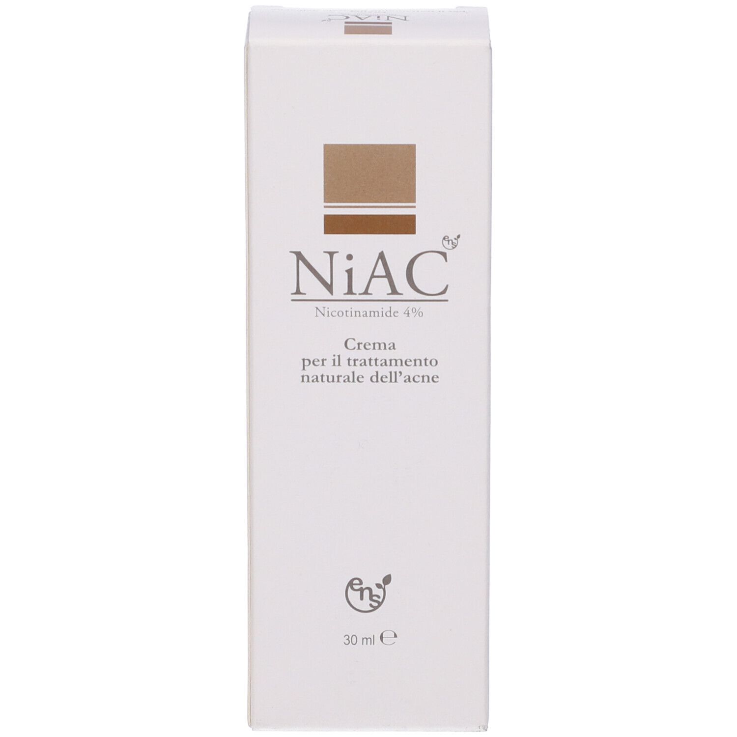 Scatola con scritta NiAC, Nicotinamide 4%, Crema per il trattamento naturale dell'acne. 30 ml.
