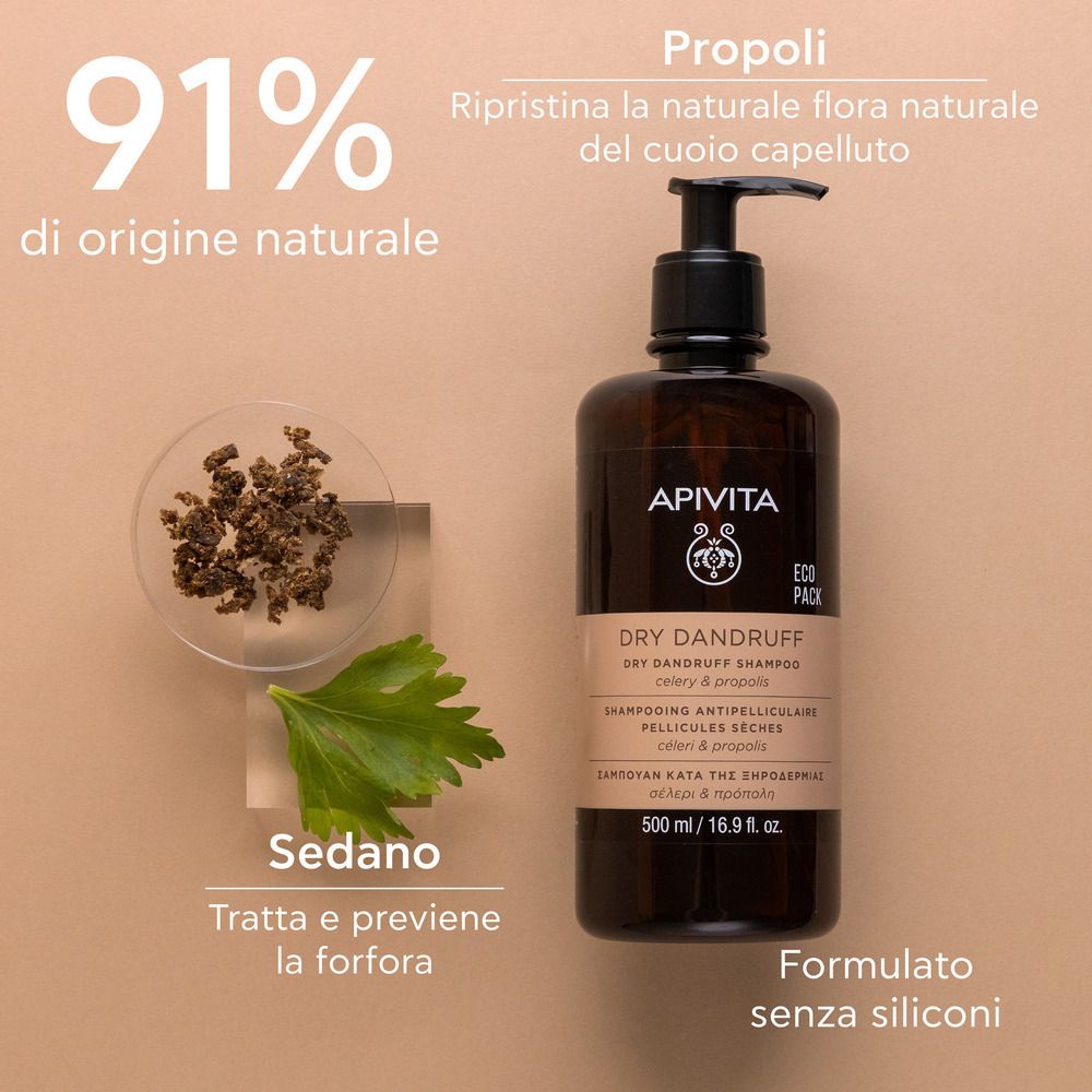 Flacone shampoo, sedano e propoli. Scritta: APIVITA, Dry Dandruff Shampoo. 91% ingredienti naturali.