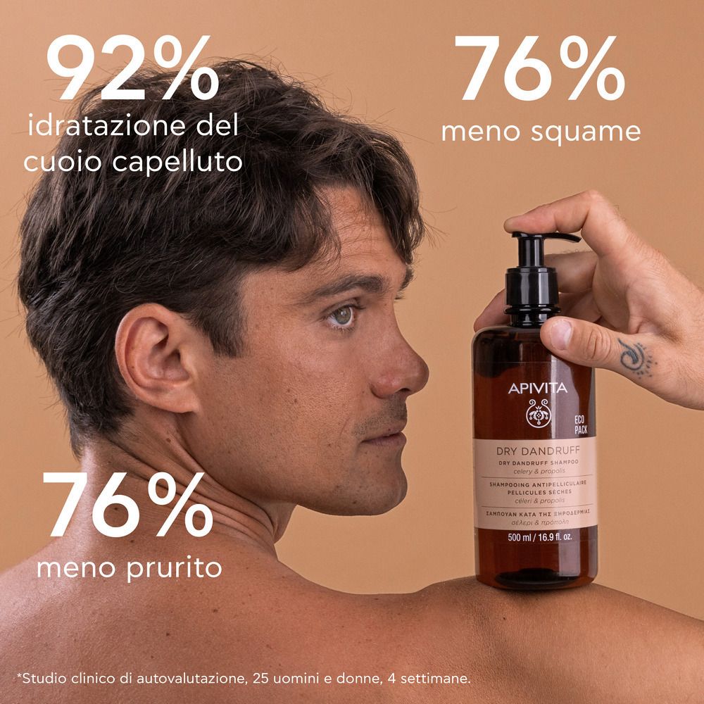 Uomo tiene flacone shampoo. Scritta: APIVITA, Dry Dandruff Shampoo. 92% idratazione, 76% meno squame, prurito.