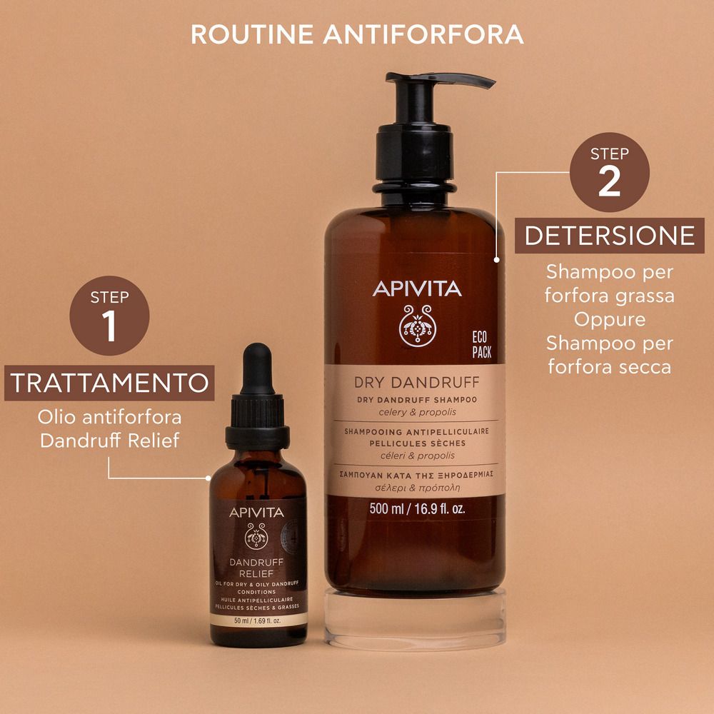 Due flaconi. Shampoo e olio. Scritta: APIVITA, Dry Dandruff Shampoo, Dandruff Relief Oil.