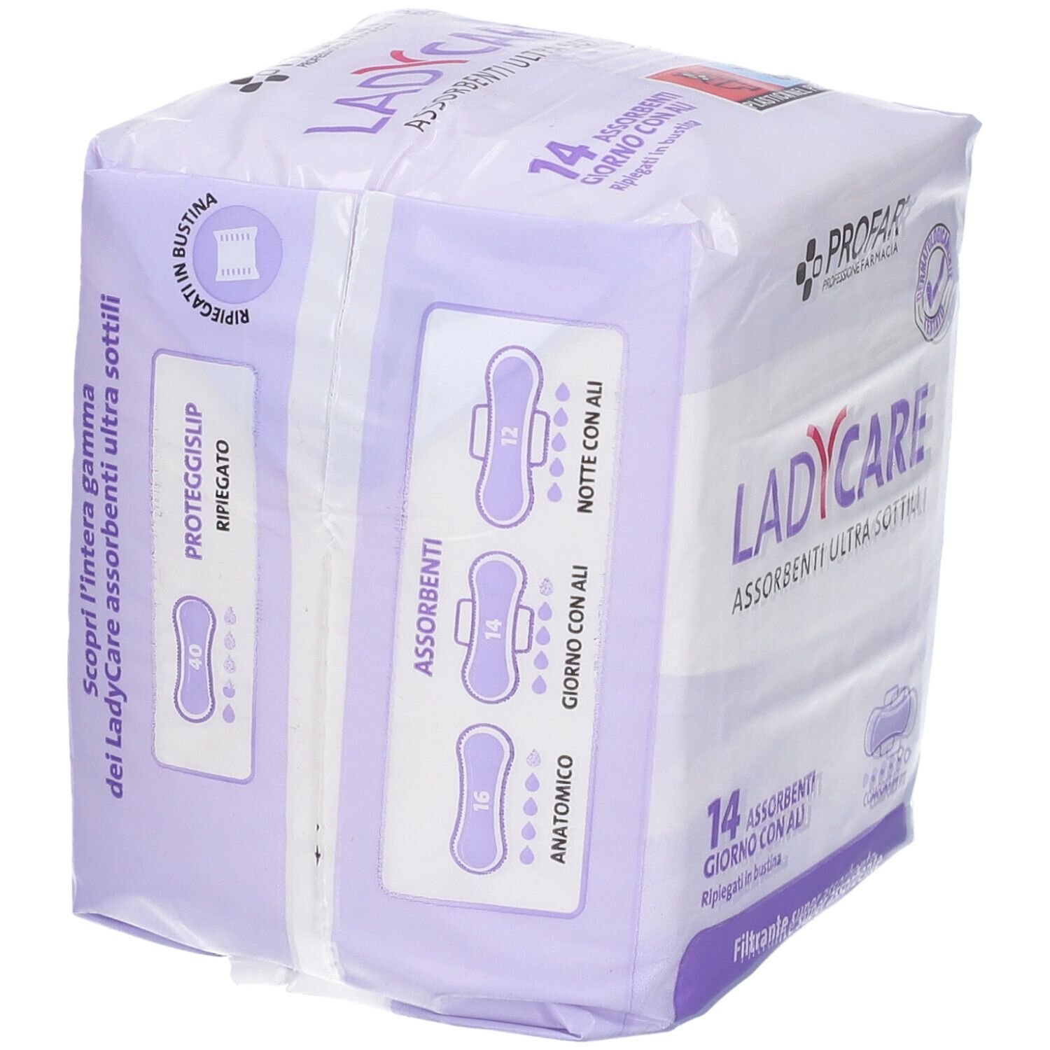 Confezione di Profar Ladycare Assorbenti Giorno Ali. 14 pezzi, ultrasottili, con ali. Diverse misure illustrate.