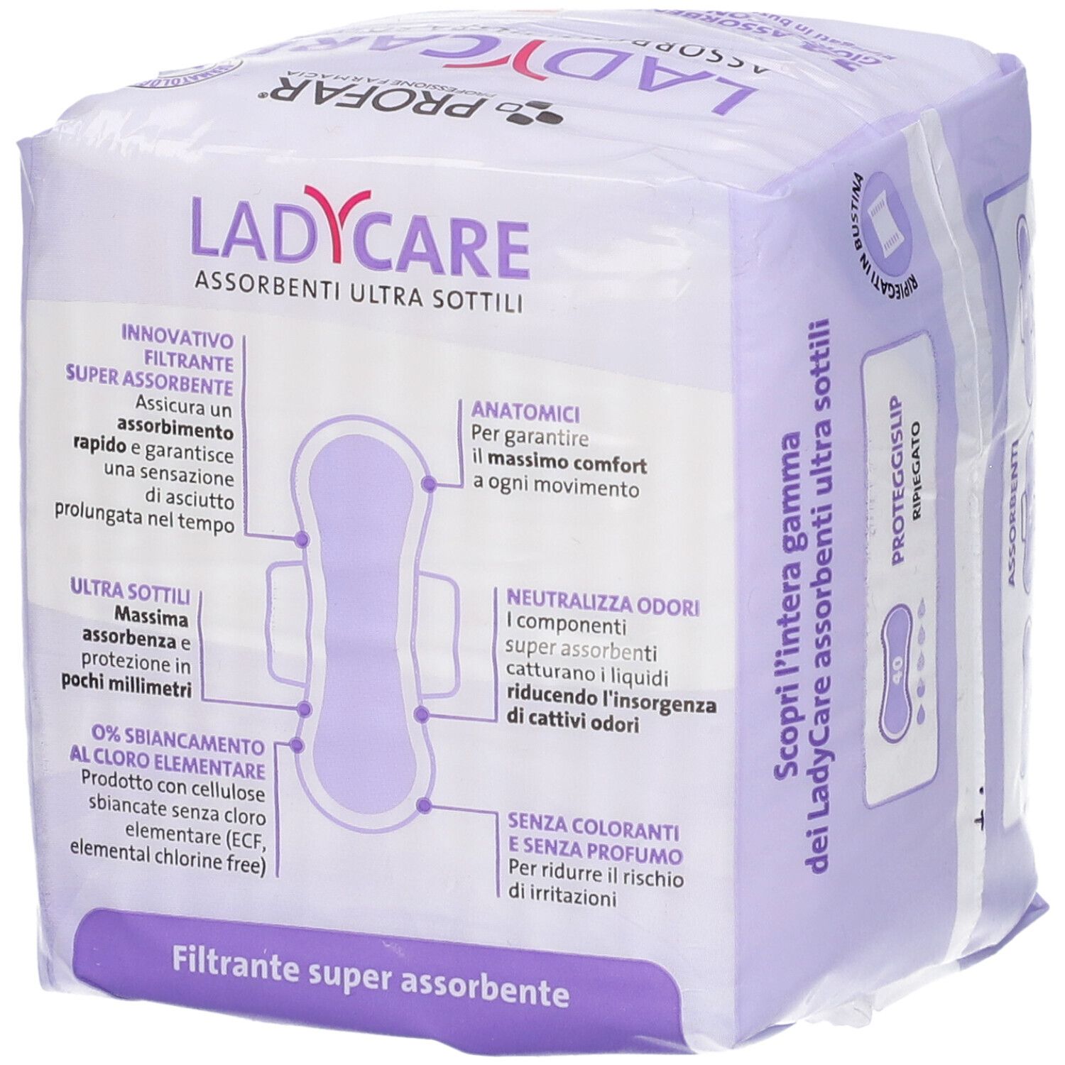 Confezione di Profar Ladycare Assorbenti Giorno Ali. Caratteristiche e vantaggi del prodotto illustrati graficamente.