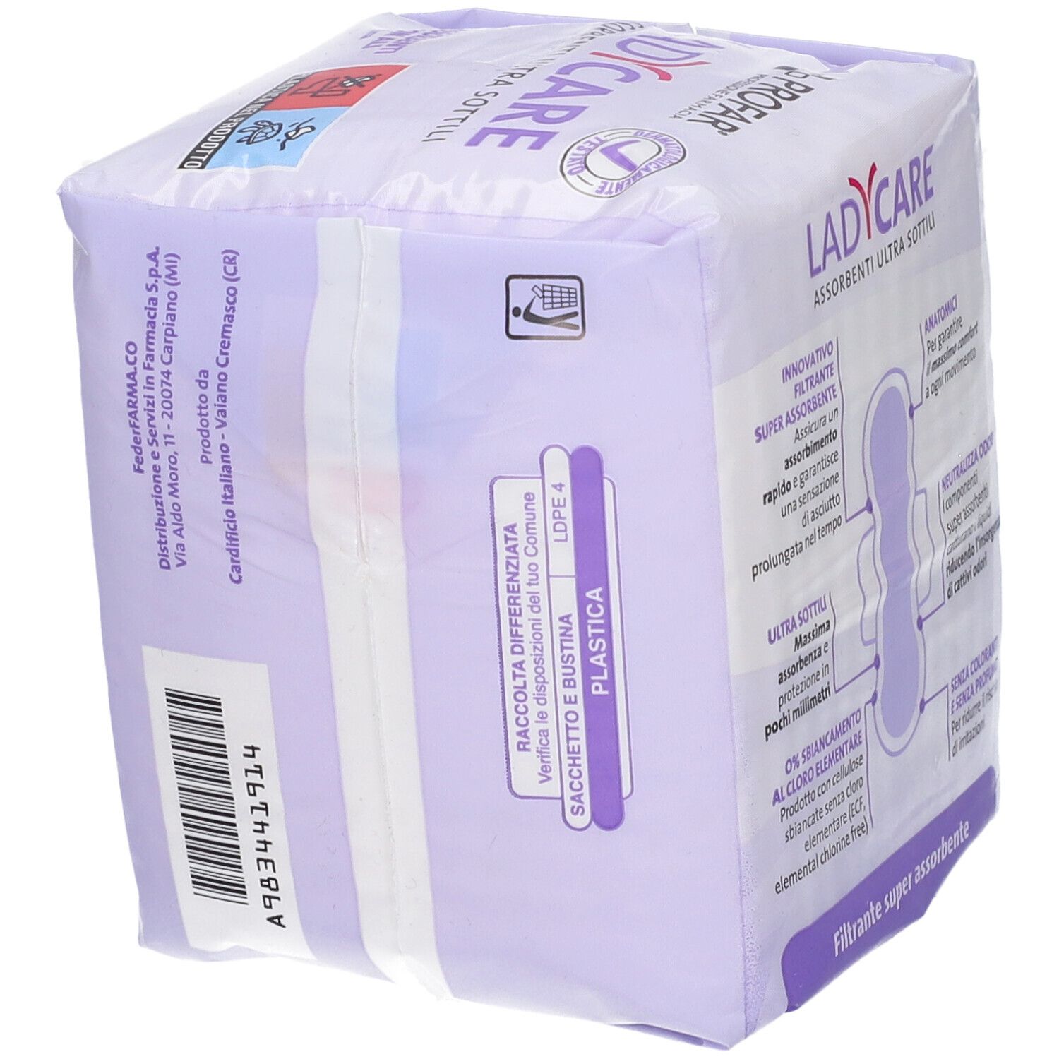 Retro della confezione di Profar Ladycare Assorbenti Giorno Ali. Informazioni sullo smaltimento e produttore.