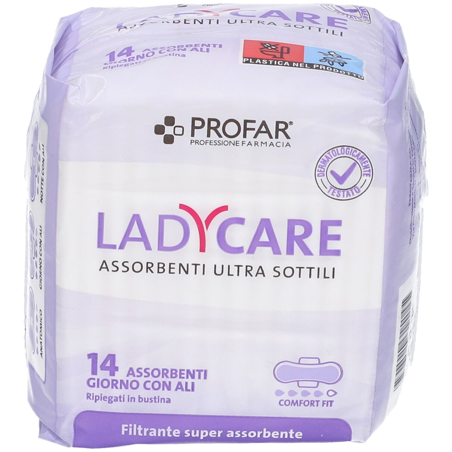 Confezione di Profar Ladycare Assorbenti Giorno Ali. 14 pezzi, ultrasottili, con ali. Testato dermatologicamente.