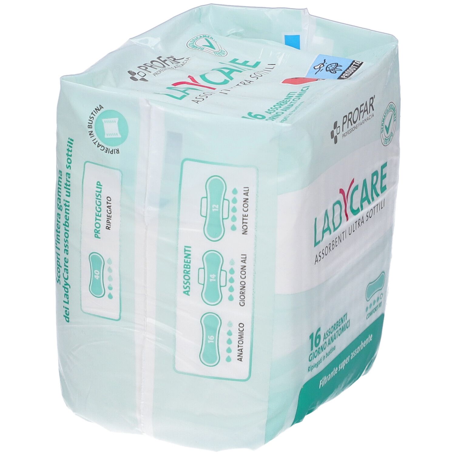 Confezione di 16 assorbenti anatomici Ladycare ultra sottili. Super assorbenti. Forma anatomica. Confezione in plastica.