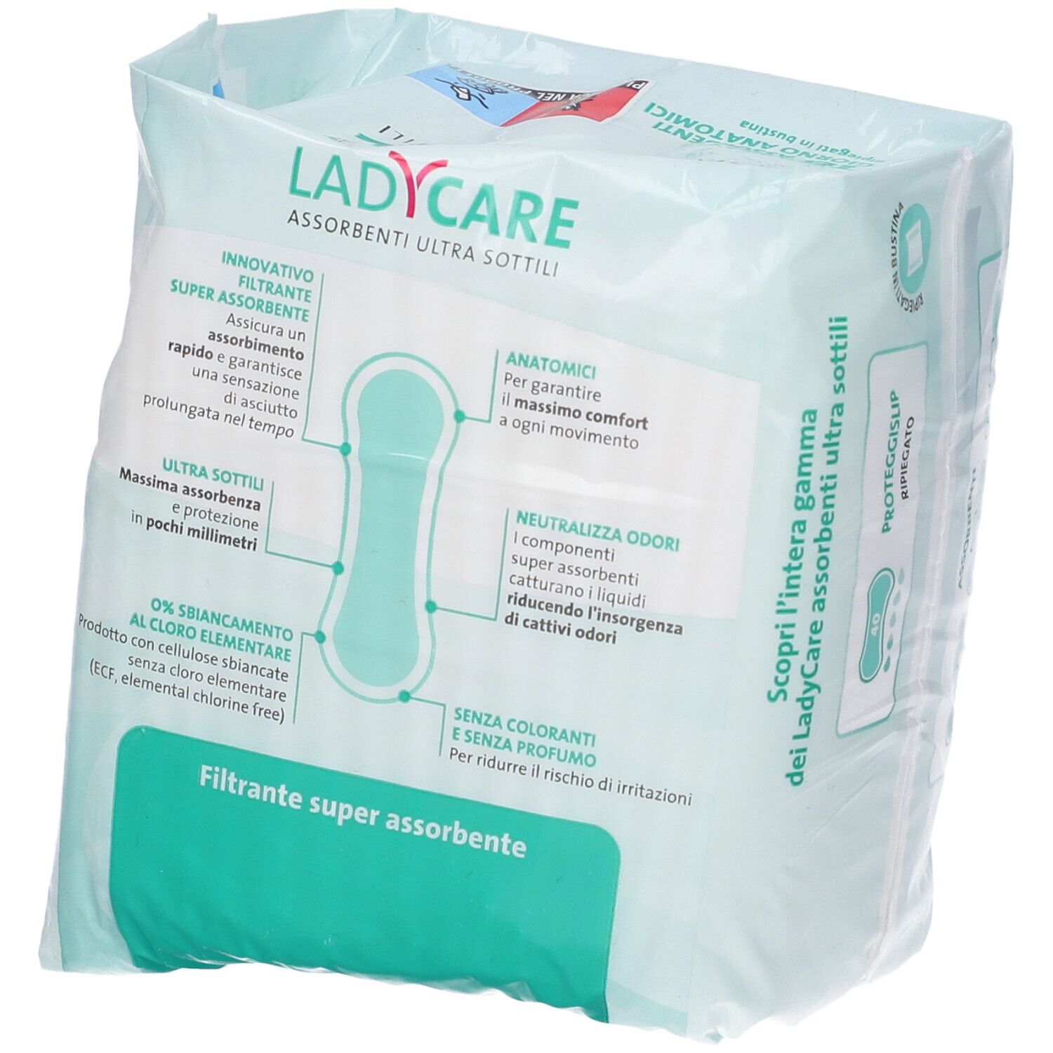 Confezione di 16 assorbenti anatomici Ladycare ultra sottili. Super assorbenti. Forma anatomica. Confezione in plastica.