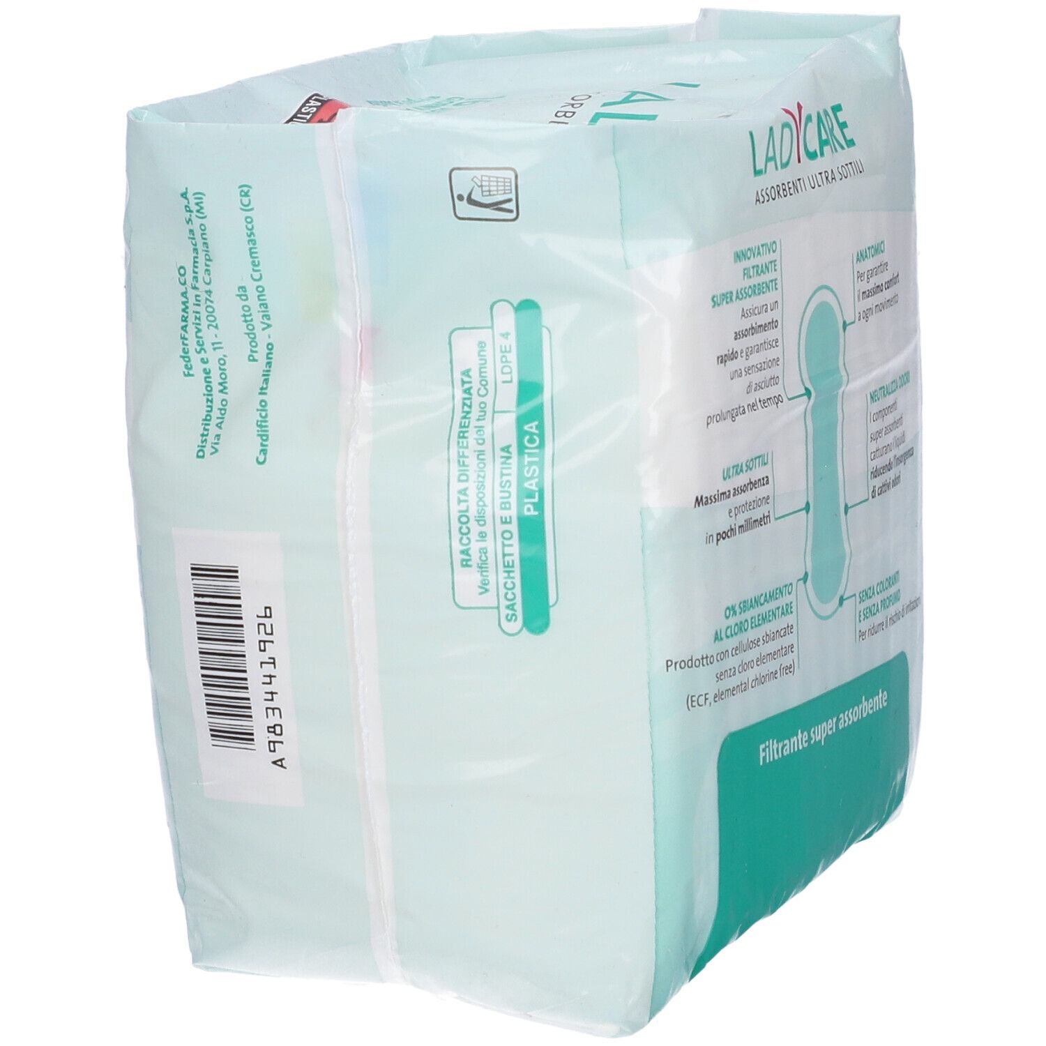 Confezione di 16 assorbenti anatomici Ladycare ultra sottili. Super assorbenti. Forma anatomica. Confezione in plastica.