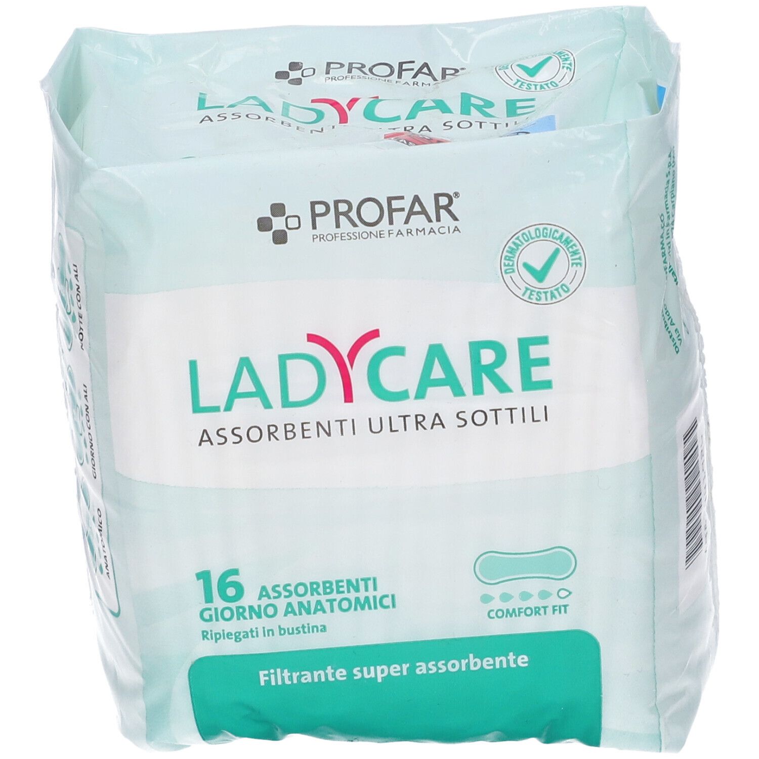 Confezione di 16 assorbenti anatomici Ladycare ultra sottili. Super assorbenti. Forma anatomica. Confezione in plastica.