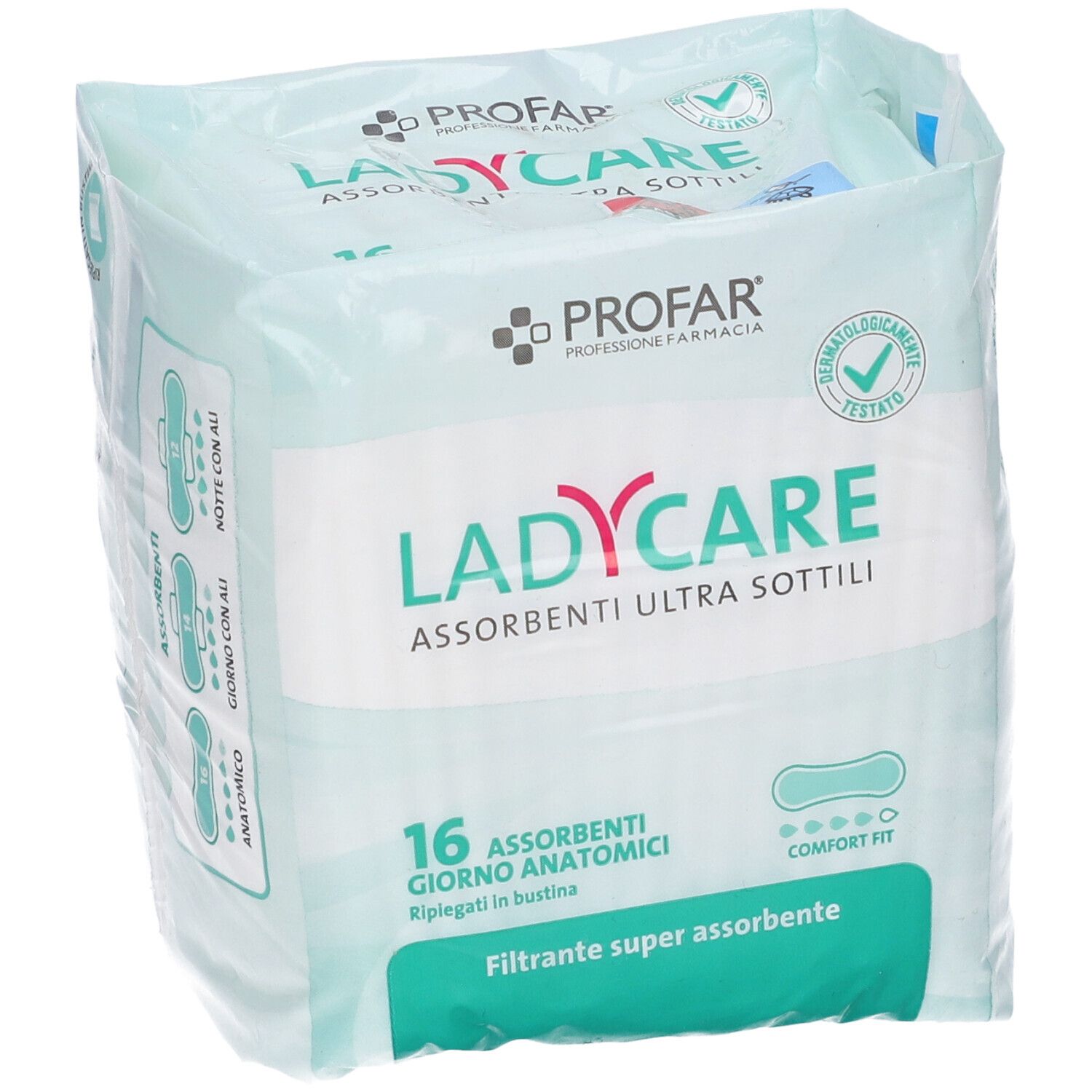 Confezione di 16 assorbenti anatomici Ladycare ultra sottili. Super assorbenti. Forma anatomica. Confezione in plastica.