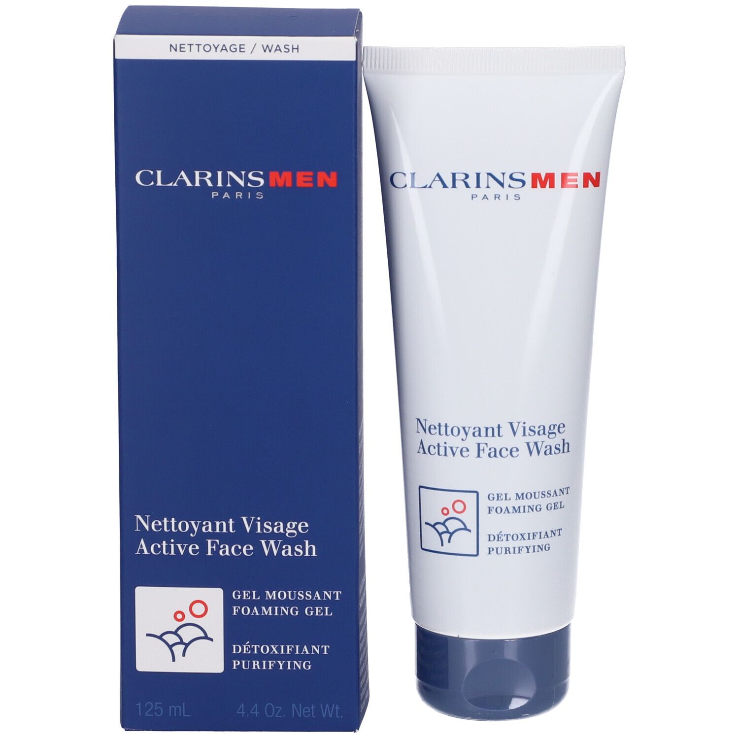 Confezione del prodotto con tubo e scatola. Contiene ClarinsMen Active Face Wash. Scatola blu.