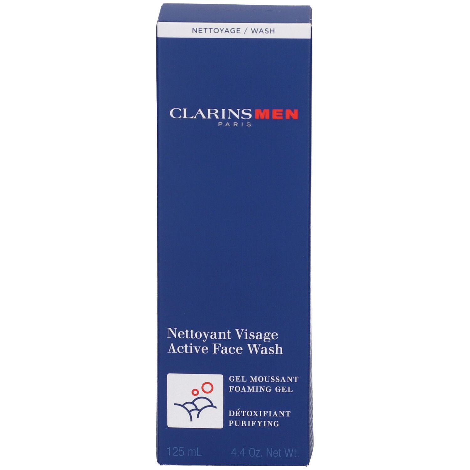 Scatola blu con logo ClarinsMen e nome del prodotto. Contiene Active Face Wash.