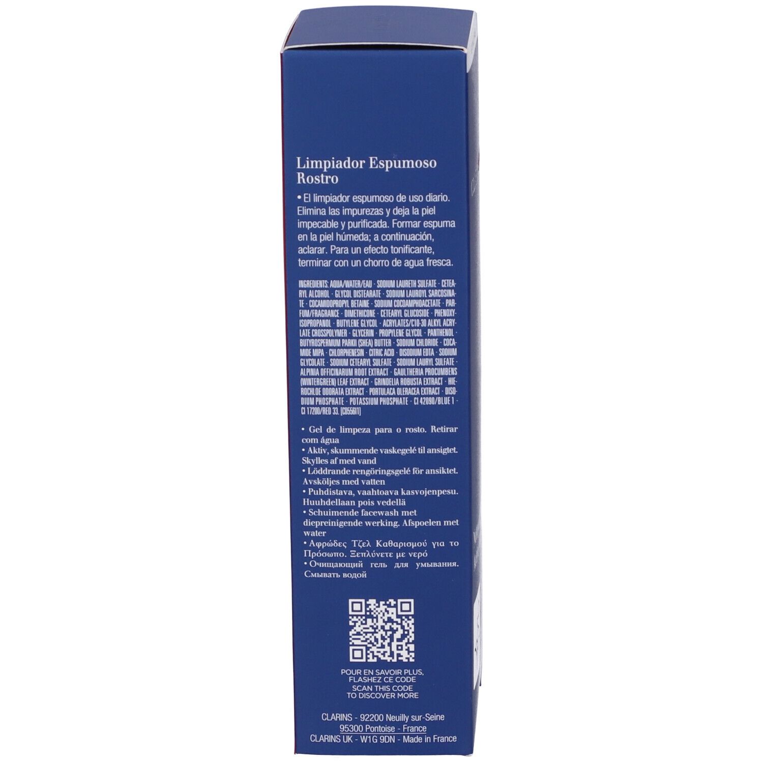 Retro della scatola blu con informazioni sul prodotto e ingredienti. Contiene un codice QR.