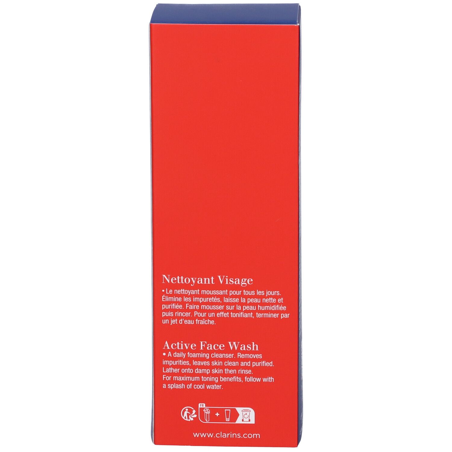 Lato rosso della scatola blu con informazioni sul prodotto. Contiene Active Face Wash.
