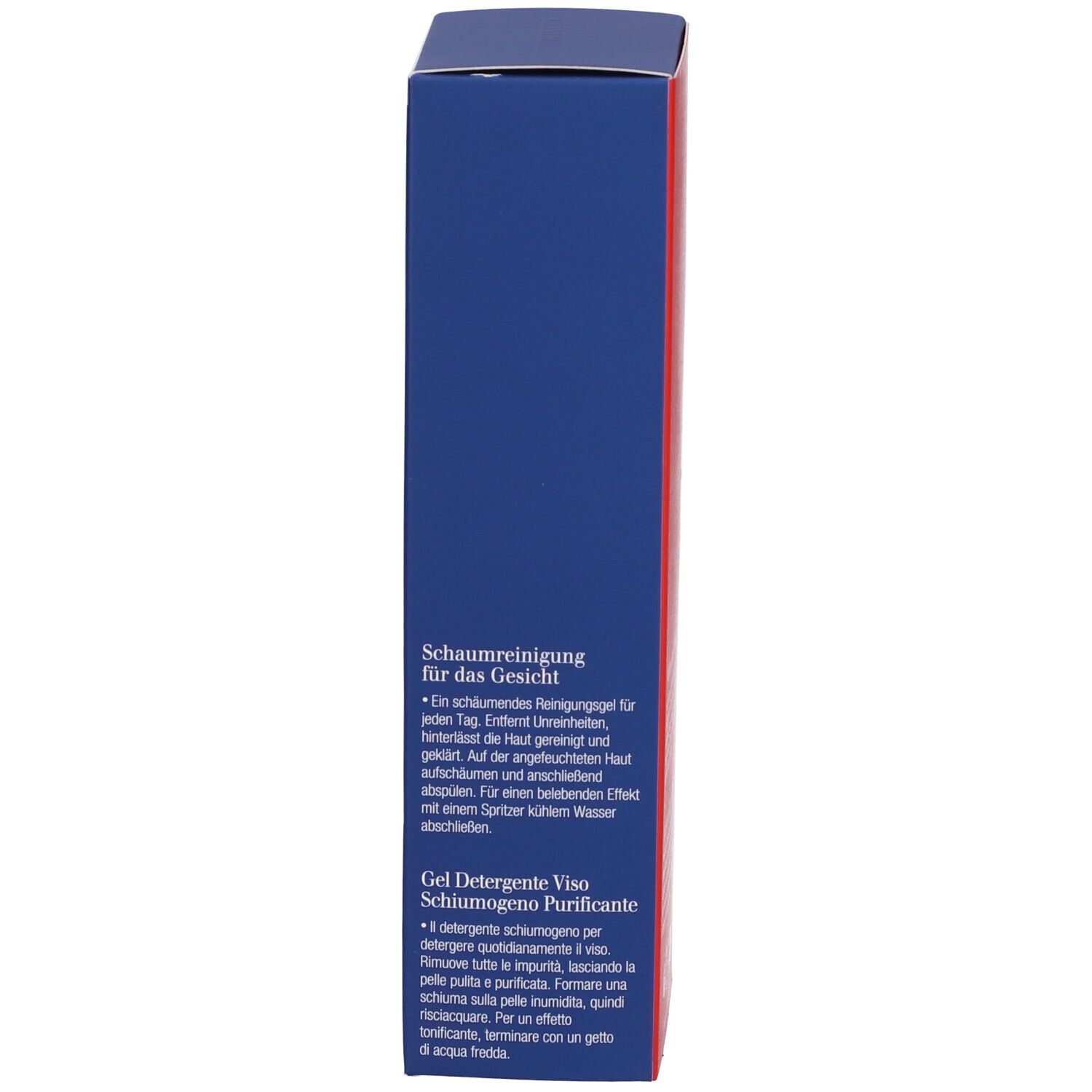 Scatola blu con informazioni sul prodotto in tedesco e italiano. Contiene Active Face Wash.