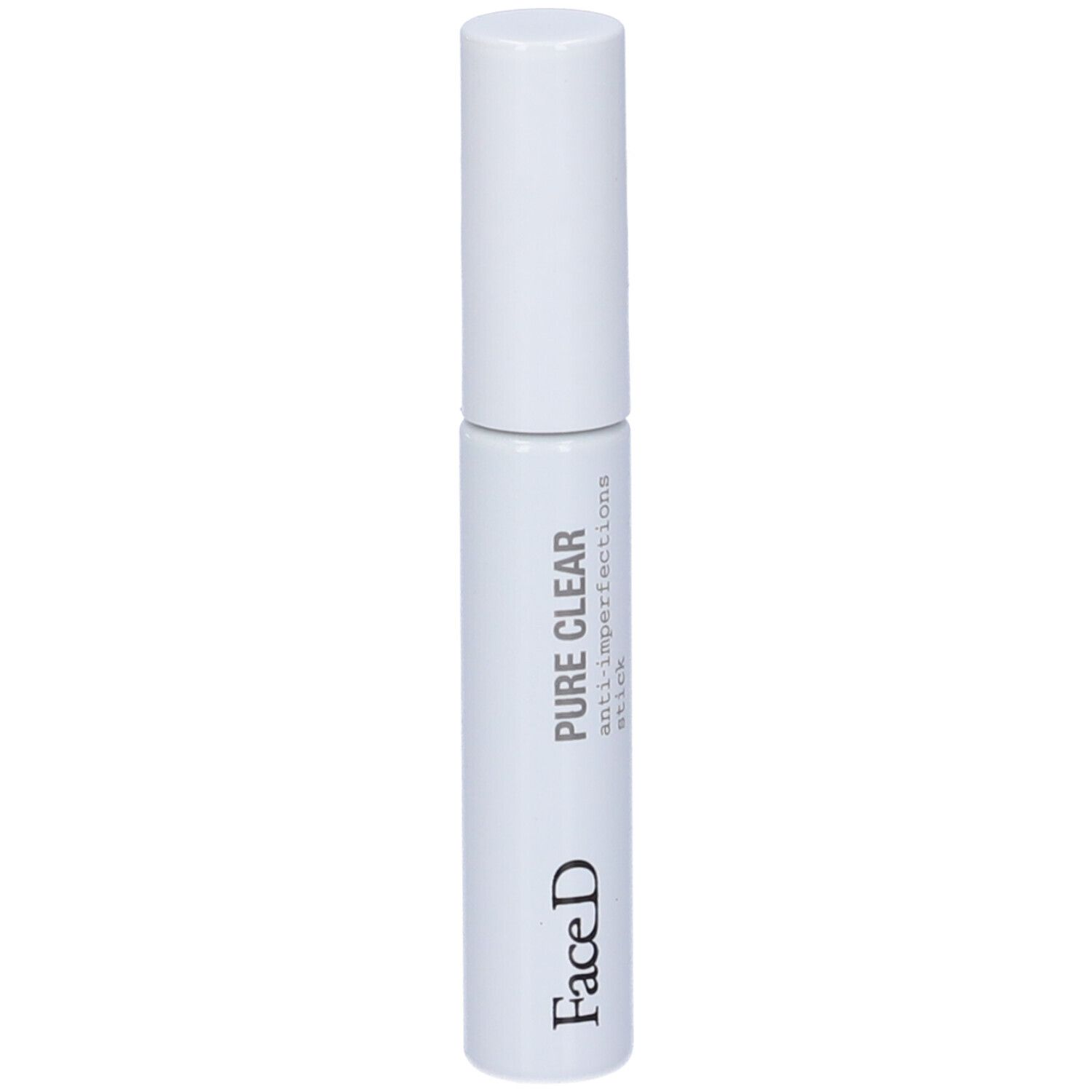 Stick bianco con tappo bianco. Scritta: FaceD, Pure Clear anti-imperfections stick.
