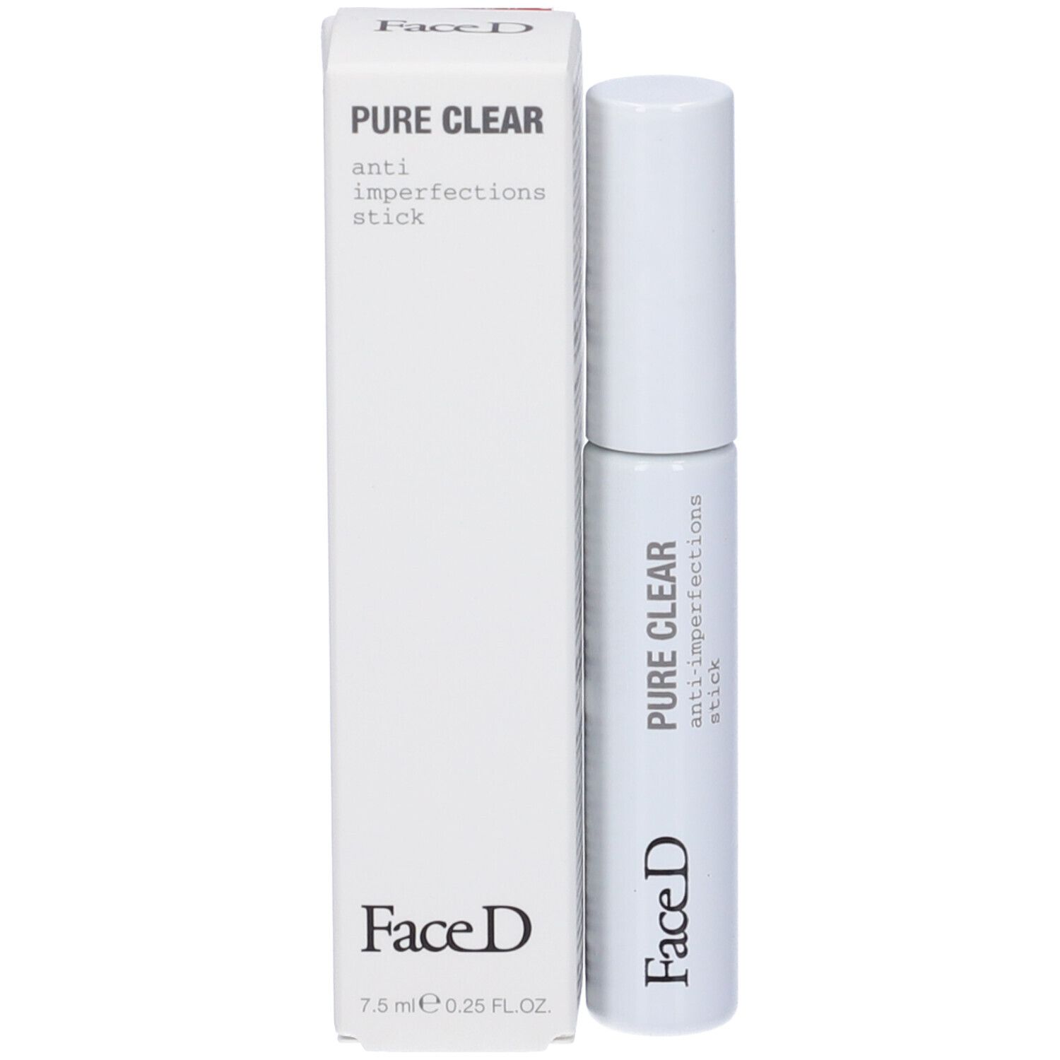 Stick bianco e confezione. Scritta: FaceD, Pure Clear anti-imperfections stick, 7.5 ml.