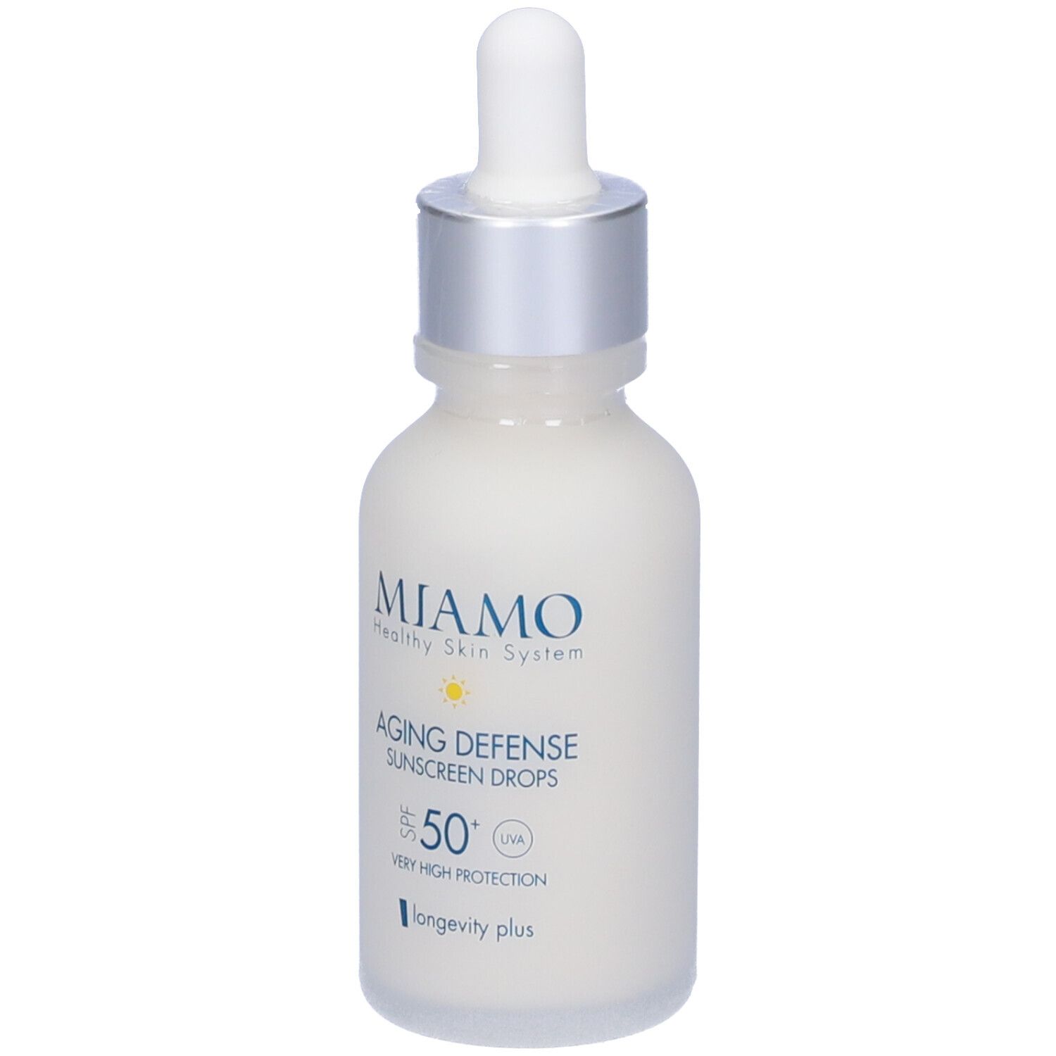 Flacone Miamo Aging Defense Sunscreen Drops con contagocce. Scritta: SPF 50+, UVA, Protezione Molto Alta.