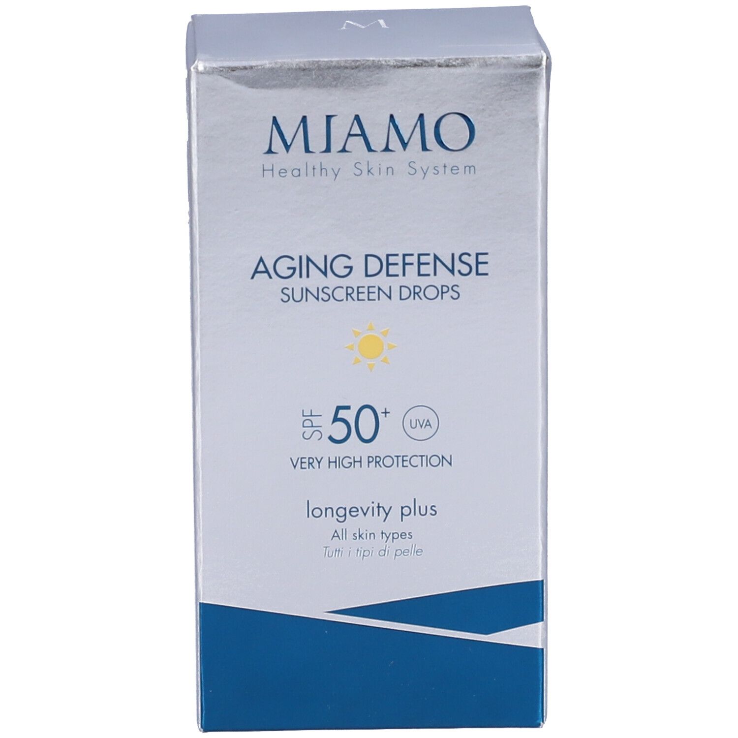 Confezione di Miamo Aging Defense Sunscreen Drops. Scritta: SPF 50+, UVA, Protezione Molto Alta.