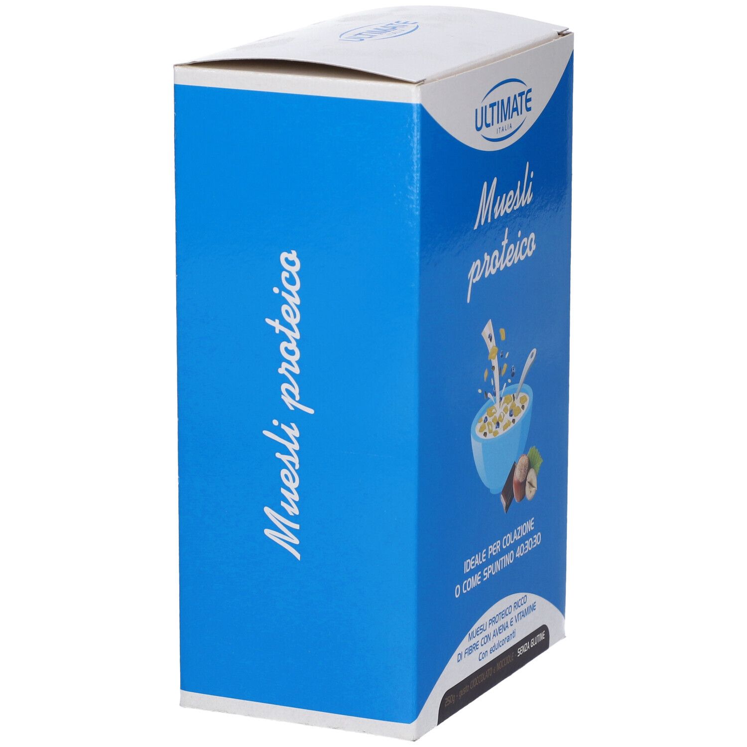 Scatola blu con "Muesli proteico". Vista laterale della confezione.