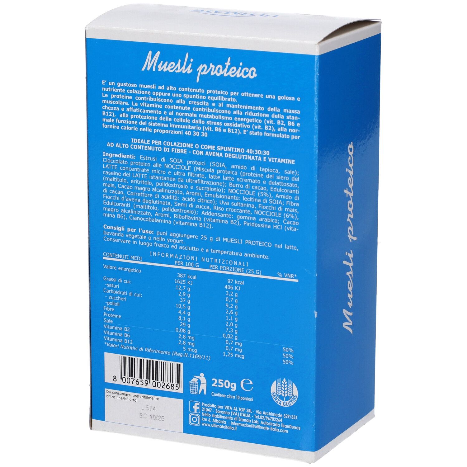 Retro della scatola blu con testo e informazioni nutrizionali. Contiene informazioni sugli ingredienti e il valore nutrizionale.