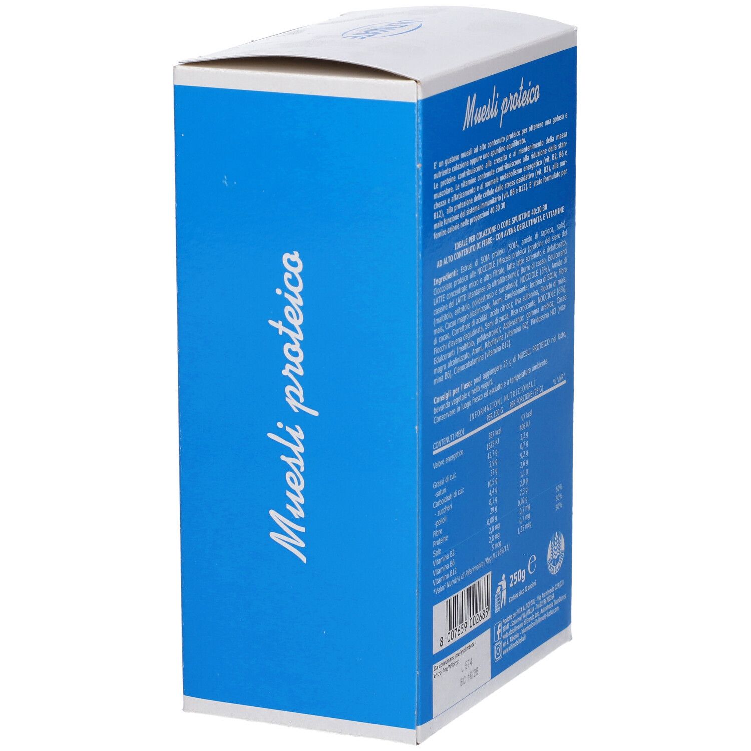 Scatola blu con testo. Vista laterale della confezione con testo.