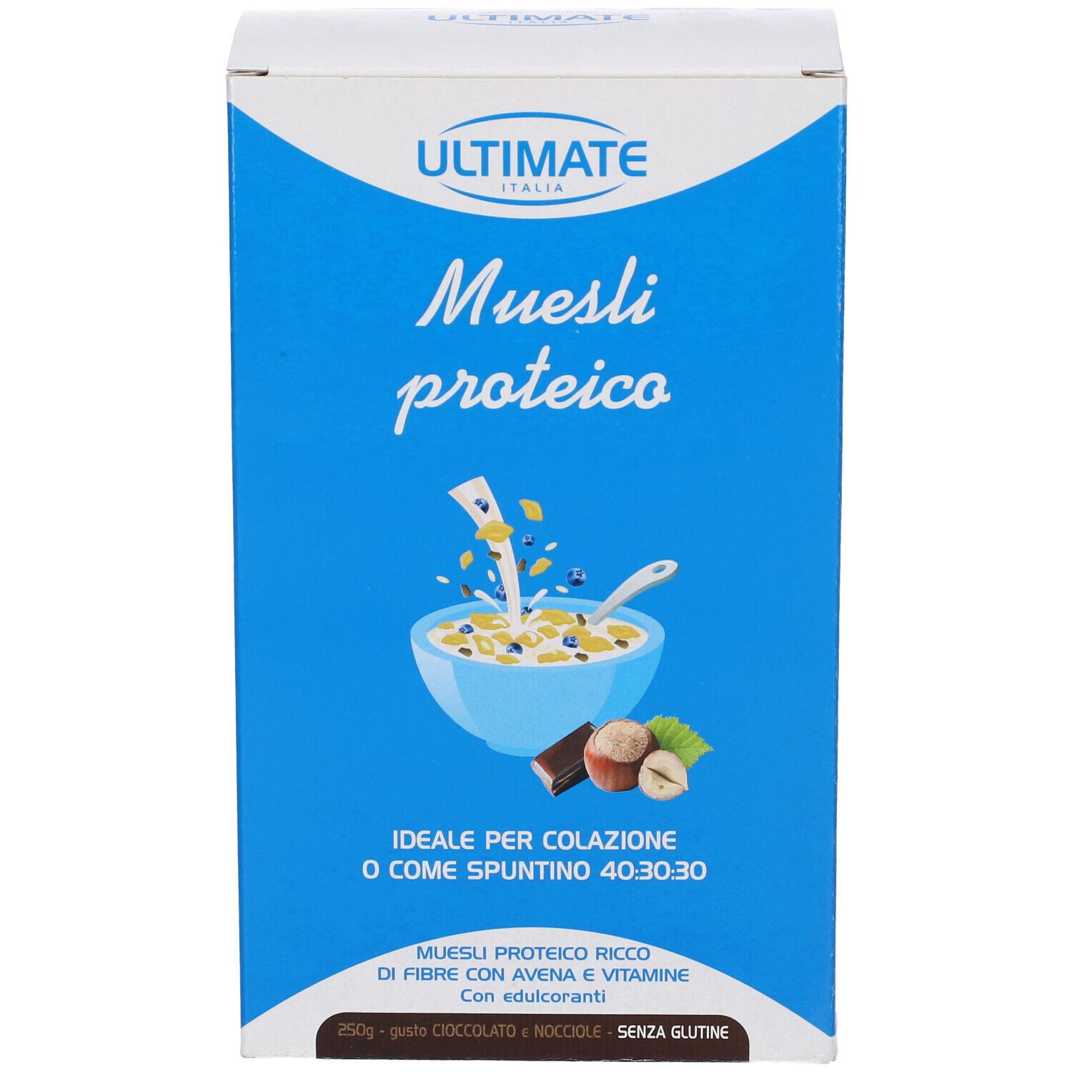 Scatola blu con "Ultimate Italia" e "Muesli proteico". Illustrazione di una ciotola di muesli.