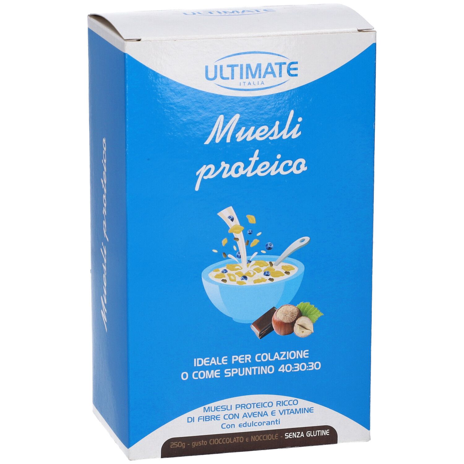 Scatola blu con "Ultimate Italia" e "Muesli proteico". Illustrazione di una ciotola di muesli.