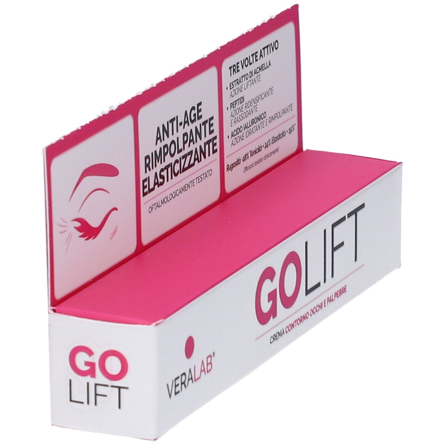 Confezione Veralab Go Lift. Scatola bianca e rosa con nome del prodotto. Espositore con logo e testo.