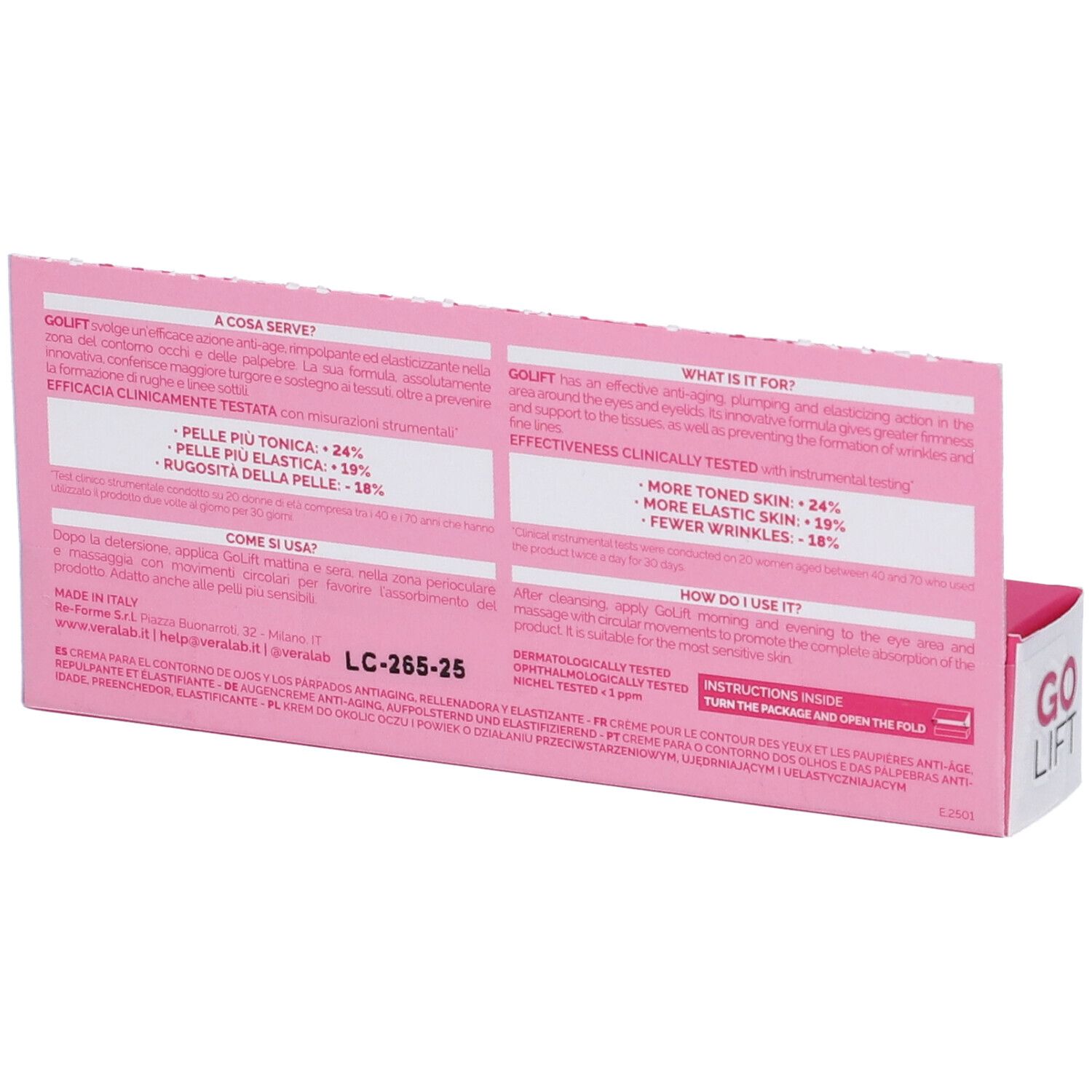 Retro della confezione Veralab Go Lift. Rosa con testo e informazioni. Contiene istruzioni e informazioni sul prodotto.