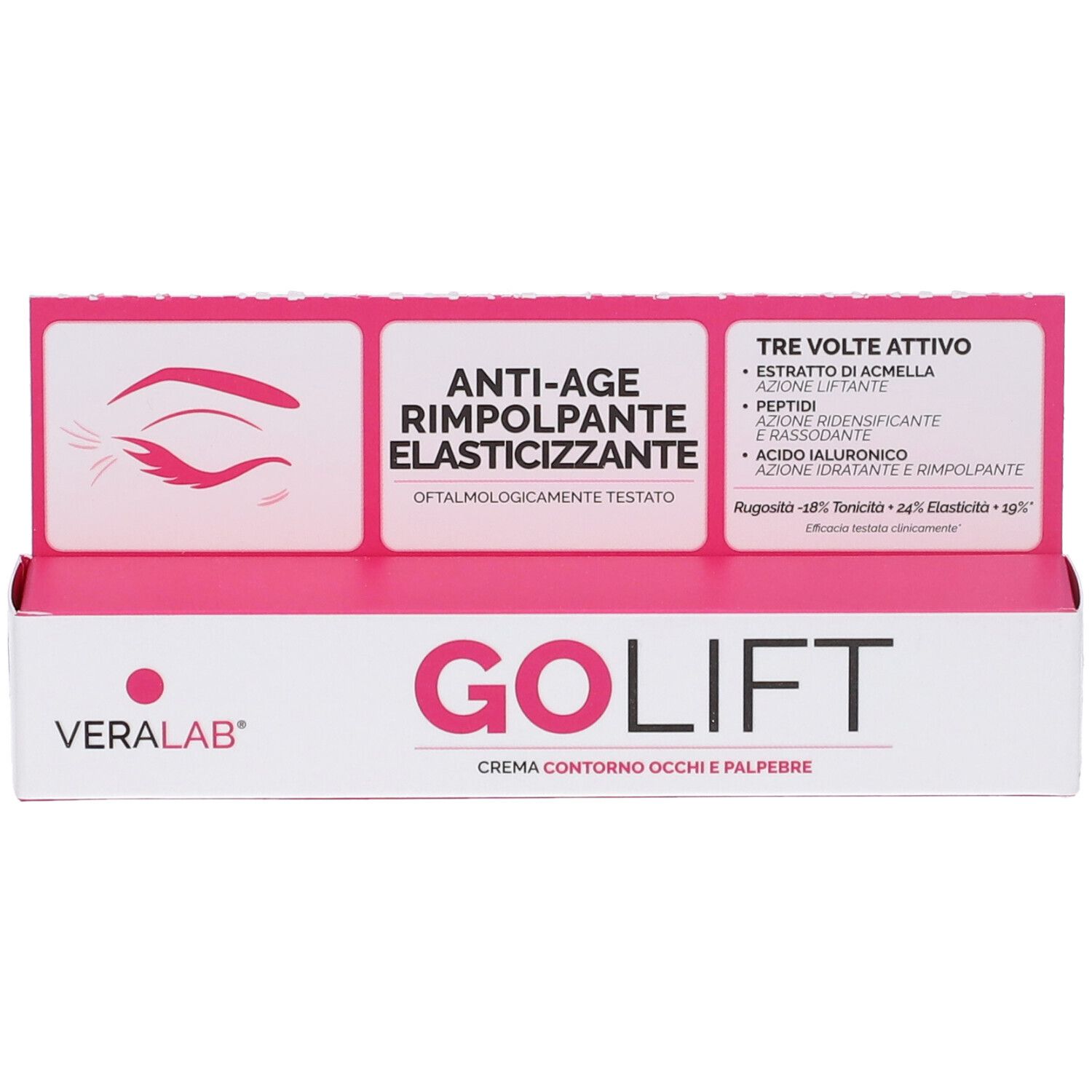 Confezione Veralab Go Lift. Scatola bianca e rosa con nome e informazioni. Espositore con logo e testo.