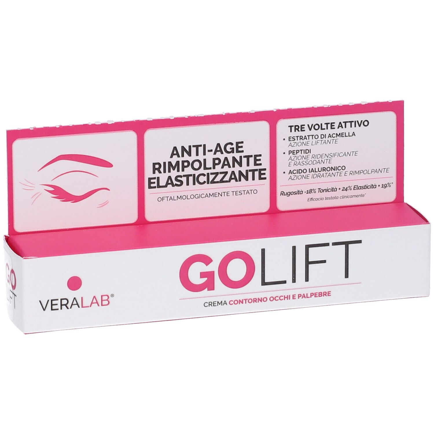 Confezione Veralab Go Lift. Scatola bianca e rosa con nome e informazioni. Espositore con logo e testo.