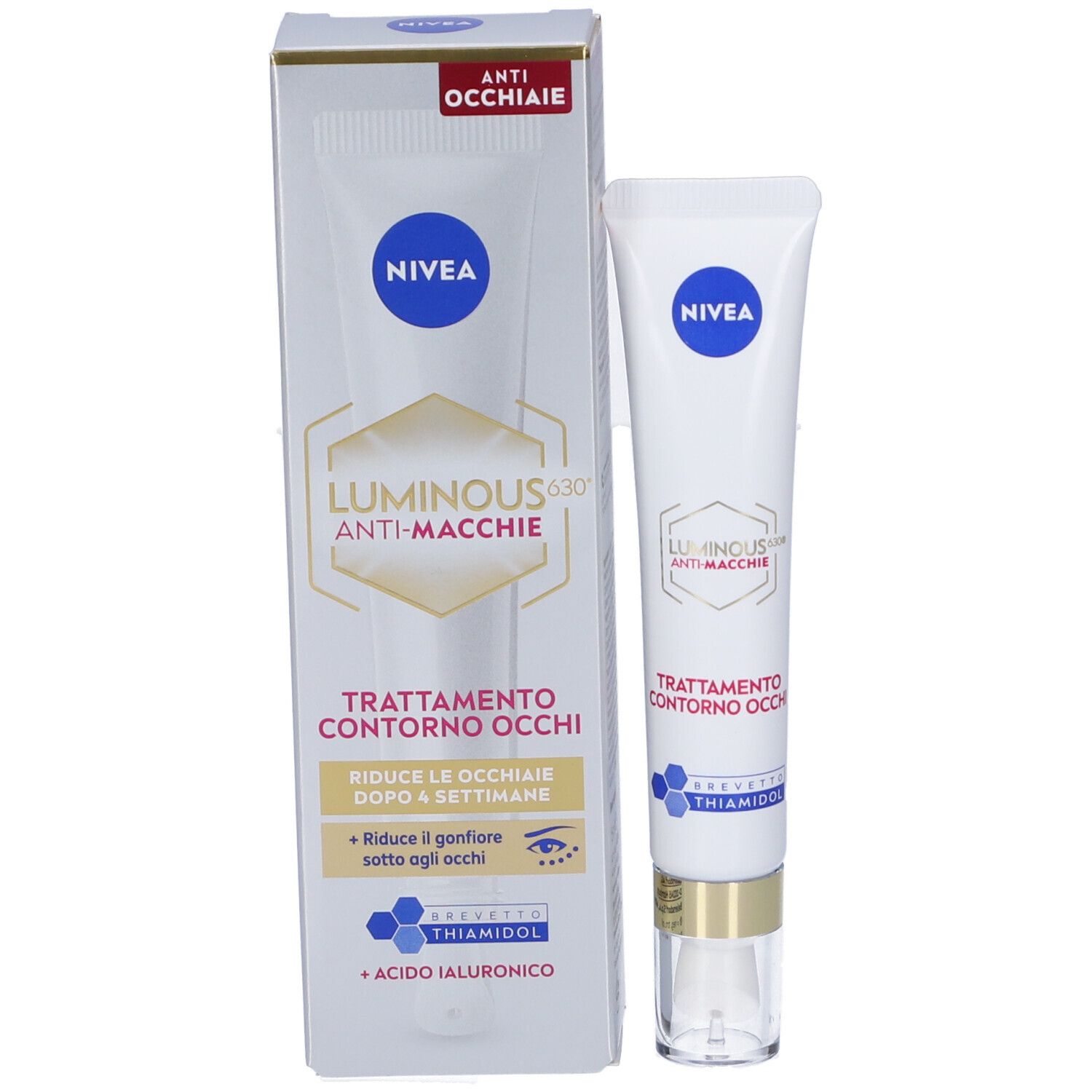 Confezione del prodotto con tubo e scatola. Logo NIVEA, « LUMINOUS630 Anti-Macchie » e « Trattamento Contorno Occhi ».