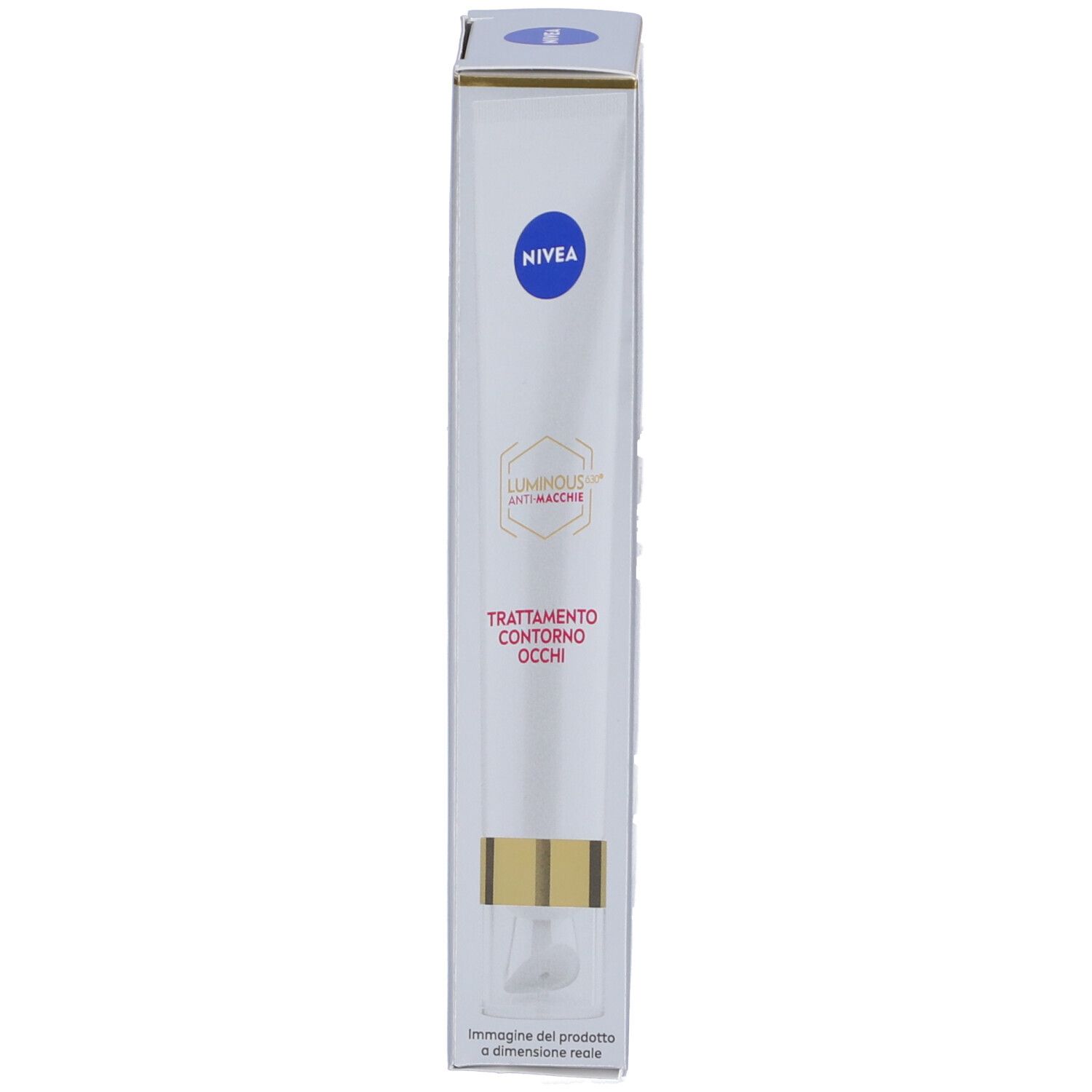 Confezione in cartone stretta con logo NIVEA, « LUMINOUS630 Anti-Macchie » e « Trattamento Contorno Occhi ».
