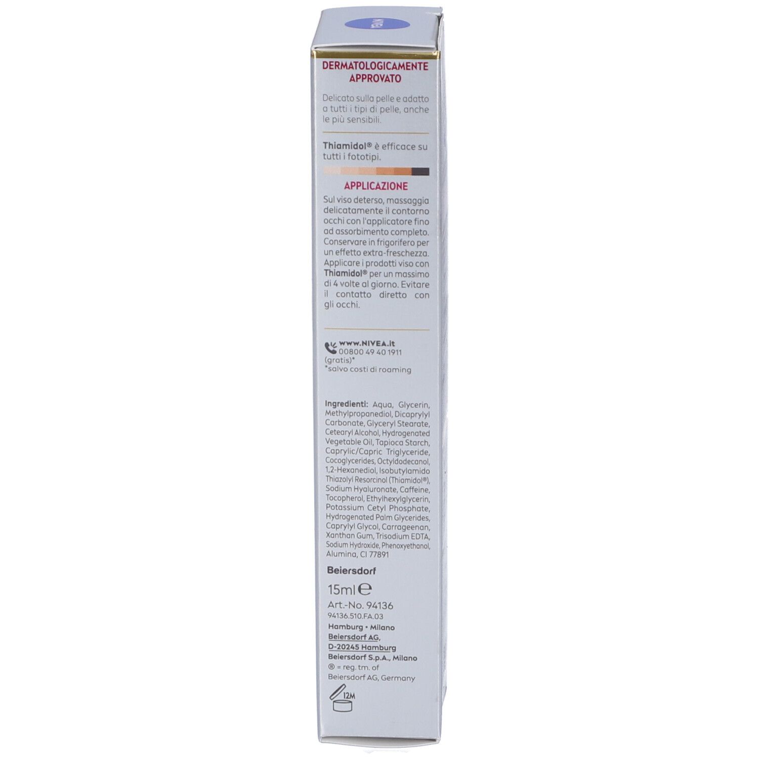 Lato della confezione in cartone. Contiene testo in italiano, ingredienti e 15ml.